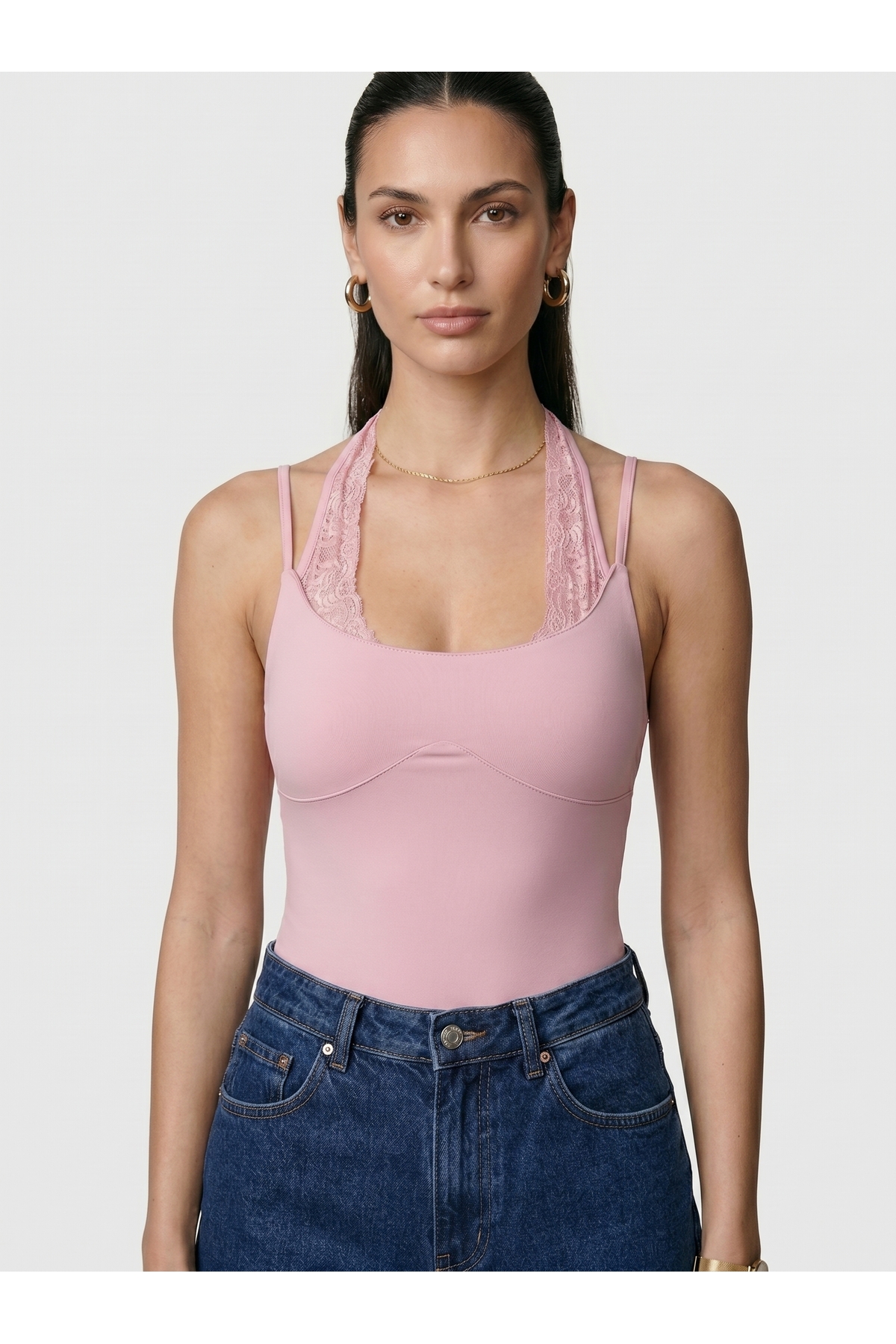 Kadın Dantel Yaka İnce Askılı Çıtçıtlı Body Slim Fit Dar Kalıp Likralı Bodysuit - Pembe 2