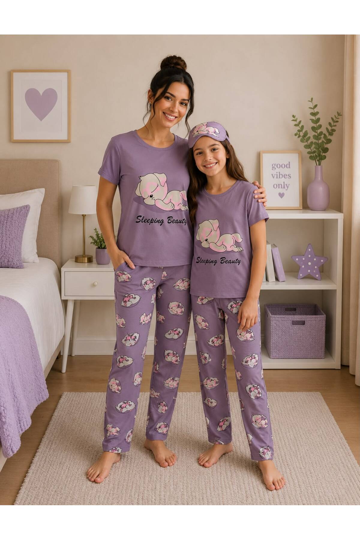 Pajama Shop Mother-Daughter Cotton Milan Fabric Lilac Color Cat Dog Pattern Short Sleeve Summer Pajamas Set