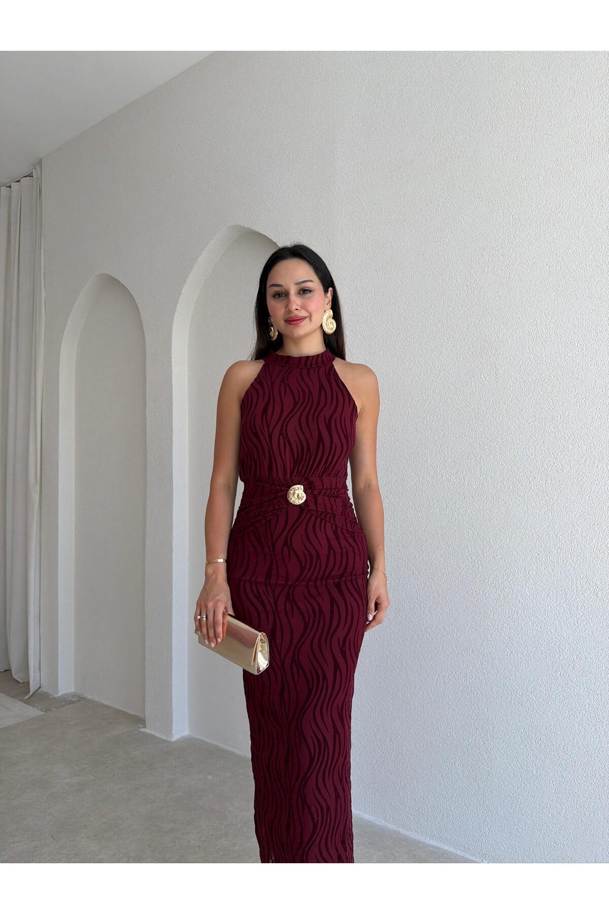 Mooi Butik  WİSTERİA Simli Midi Elbise 8959 - Bordo - Görsel 2