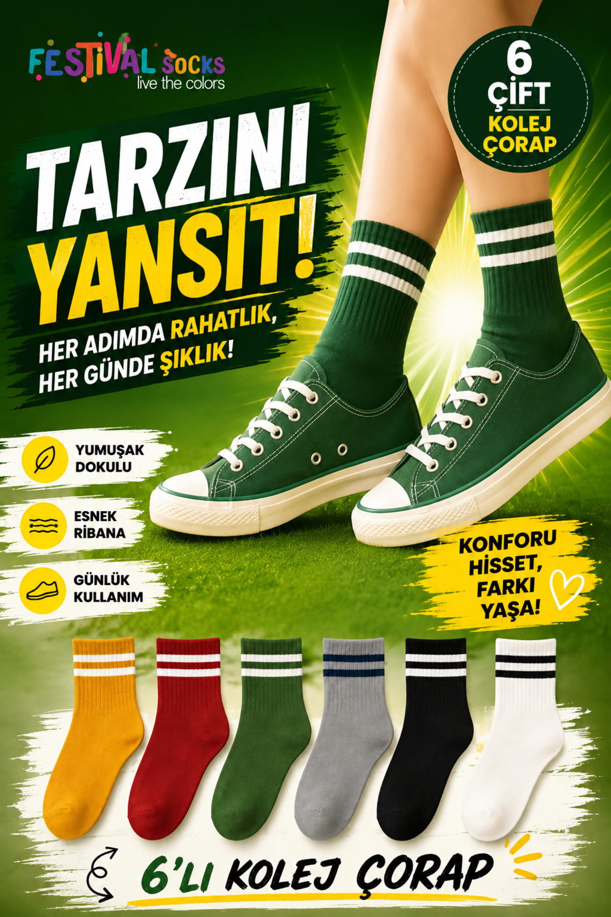 Festival Socks 6 Çift Çizgili Renkli Kolej Spor Çorap Seti Tenis çorap 6 Çift görsel 3