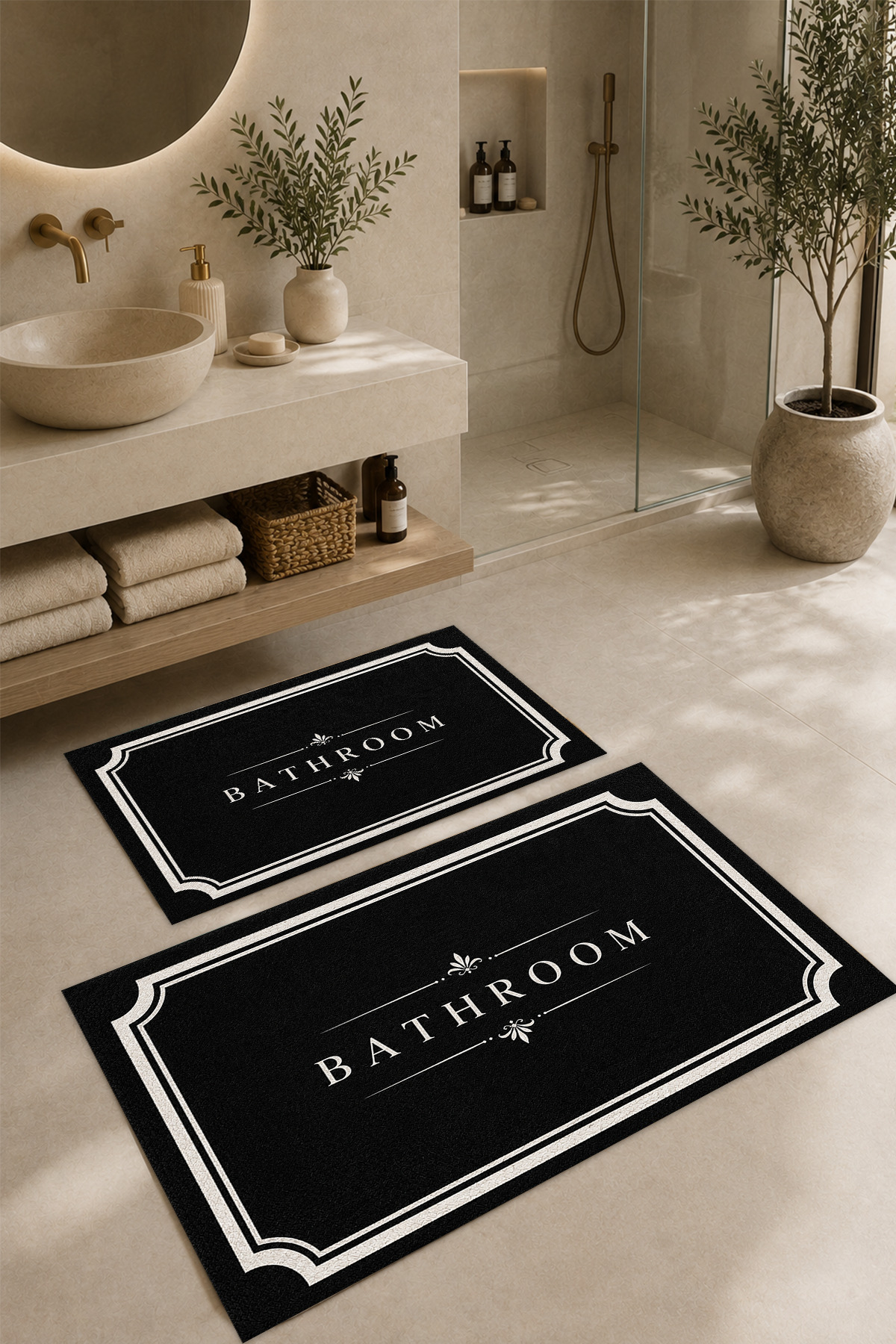 Digital Printed Bath Mat with Washable Anti-Slip Base Modern Bath Rug Double Bath Mat