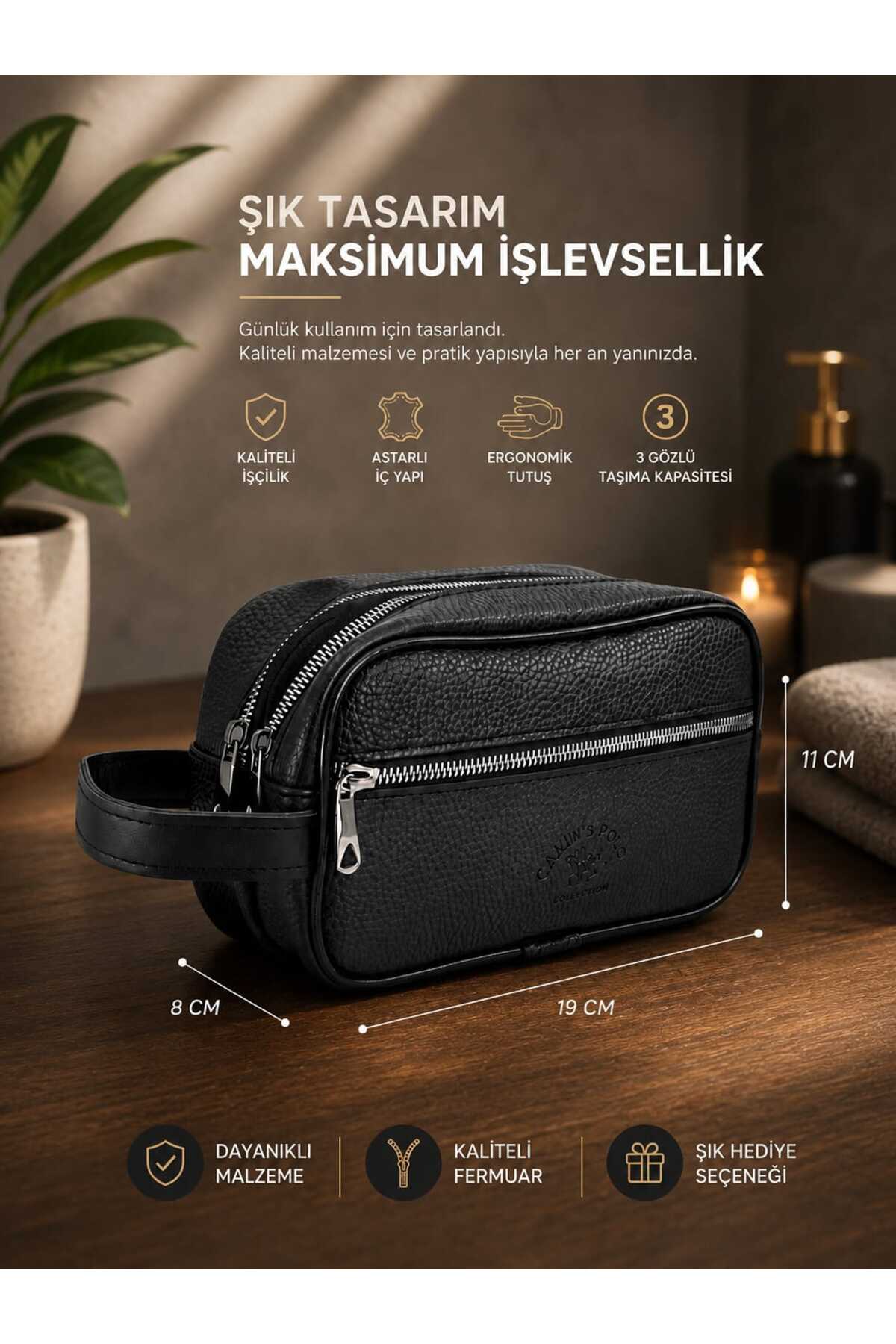zemihra Erkek Siyah Vegan Deri Üç Bölmeli Suya Dayanıklı Lüks El Ve Bileklik Kemerli Portföy Stil El Çantası Traş Kozmetik Çanta