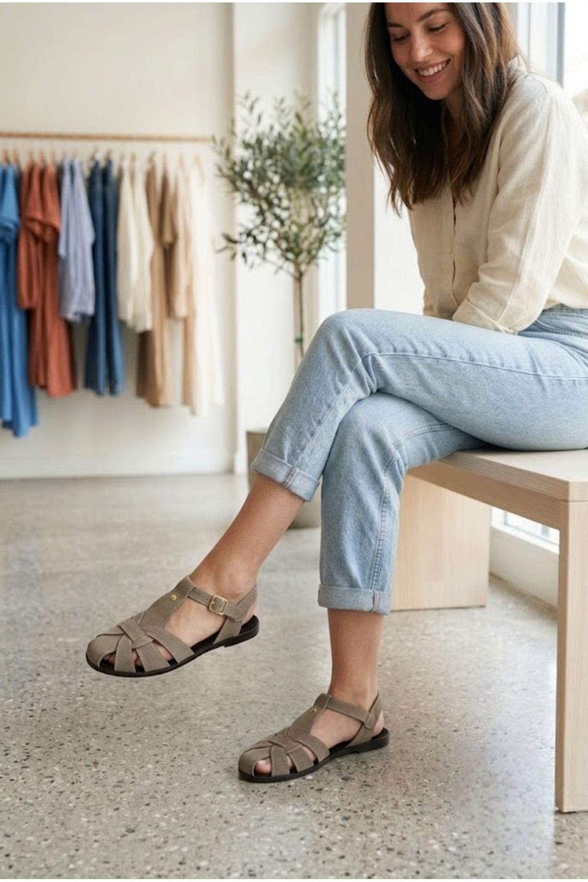 ShoeTek Owsa Kadın Sandalet Bilekten Bağlı Çapraz Bantlı Vizon Süet