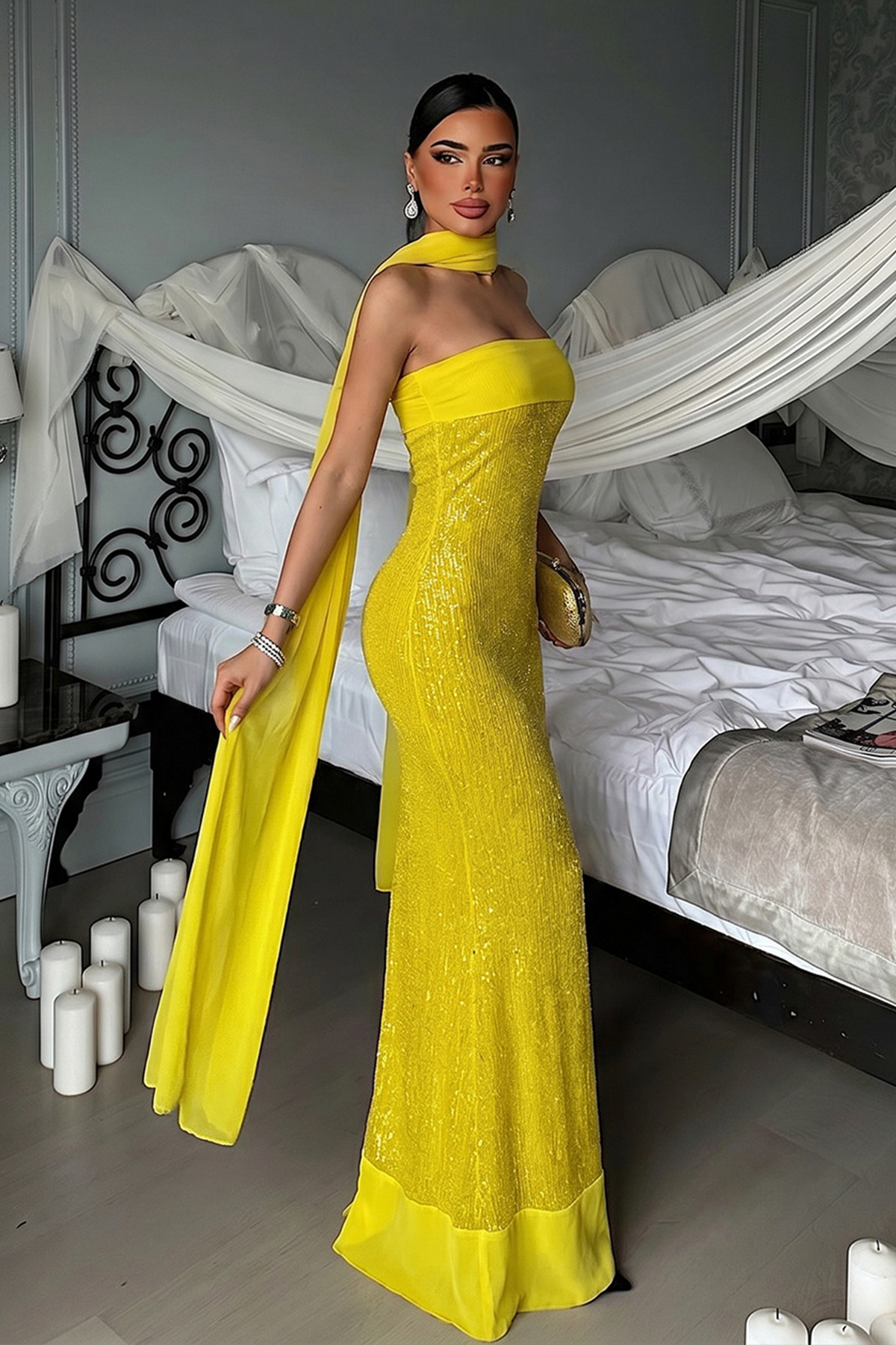 Eyyo Yellow Plunge Shawl Detailed Sequined Maxi Strapless Long Dress Ate-4795