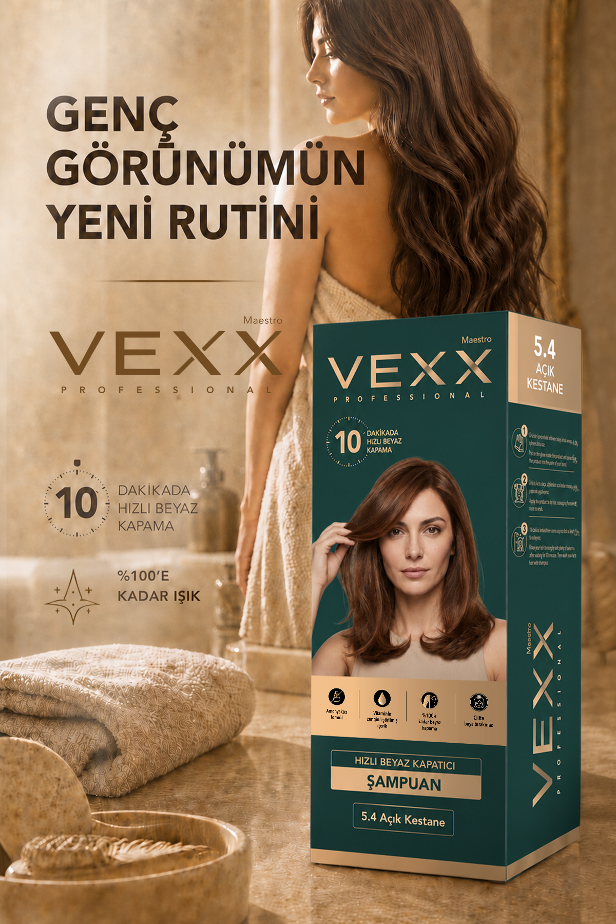 Vexx Professional Beyaz Kapatıcı Pratik Boya Şampuan (Açık Kestane 5.4) Amonyaksız Formül 300 ml. — قهوه‌ای vexx34 — تصویر 6 از 6