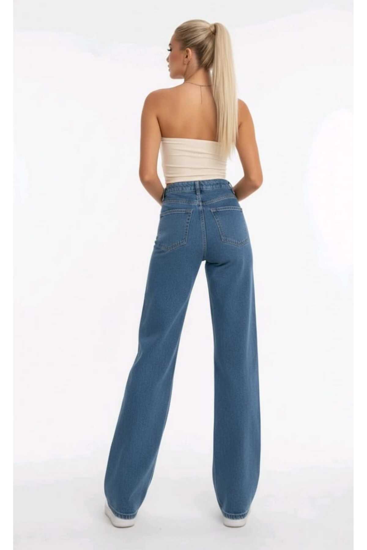 Lighter Jeans Kadın Orta Mavi Likralı Wide Leg Palazzo Jean Yüksek Bel Bol Paça Kadın Pantolon görsel 2