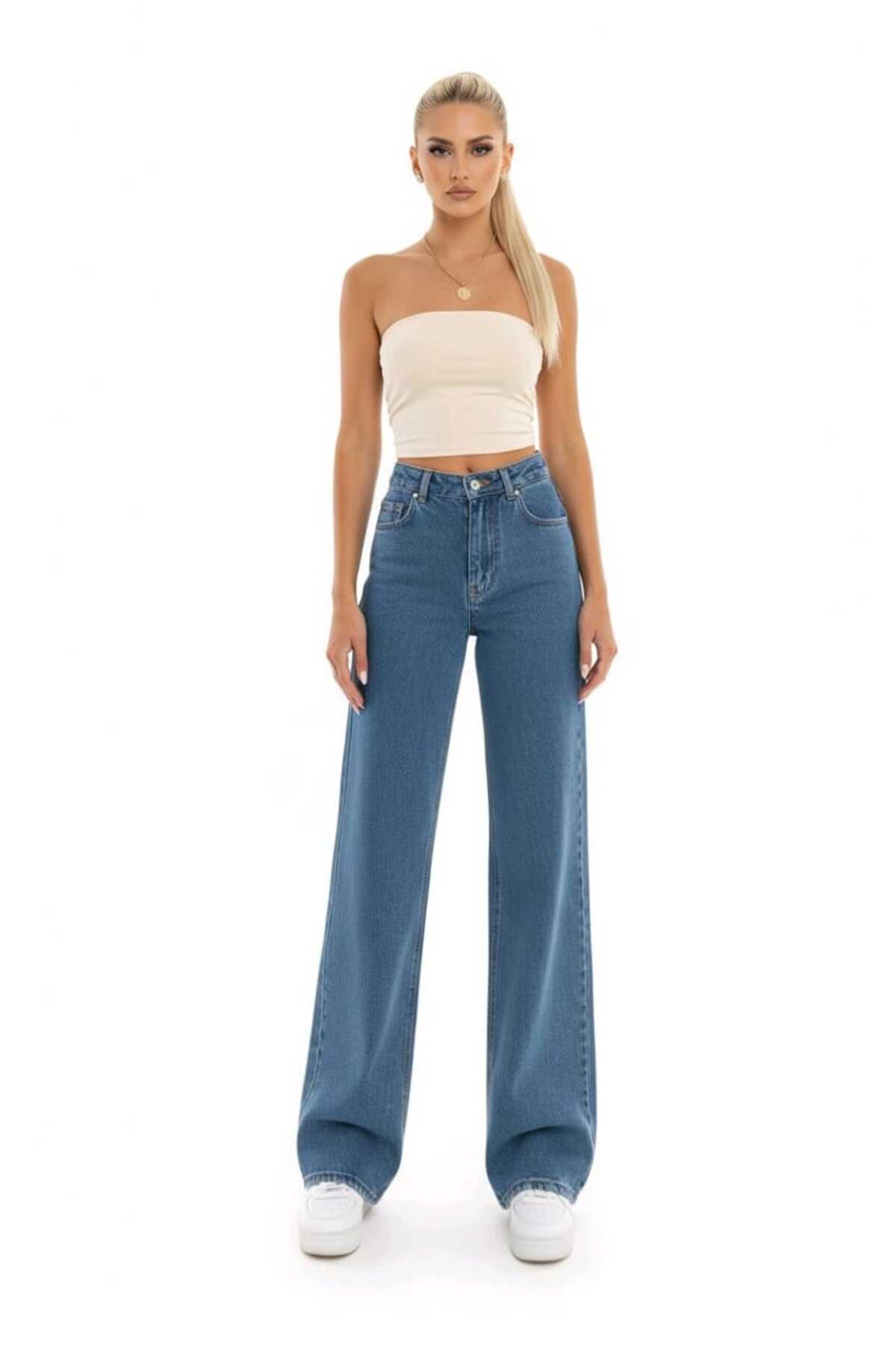 Lighter Jeans Kadın Orta Mavi Likralı Wide Leg Palazzo Jean Yüksek Bel Bol Paça Kadın Pantolon görsel 3