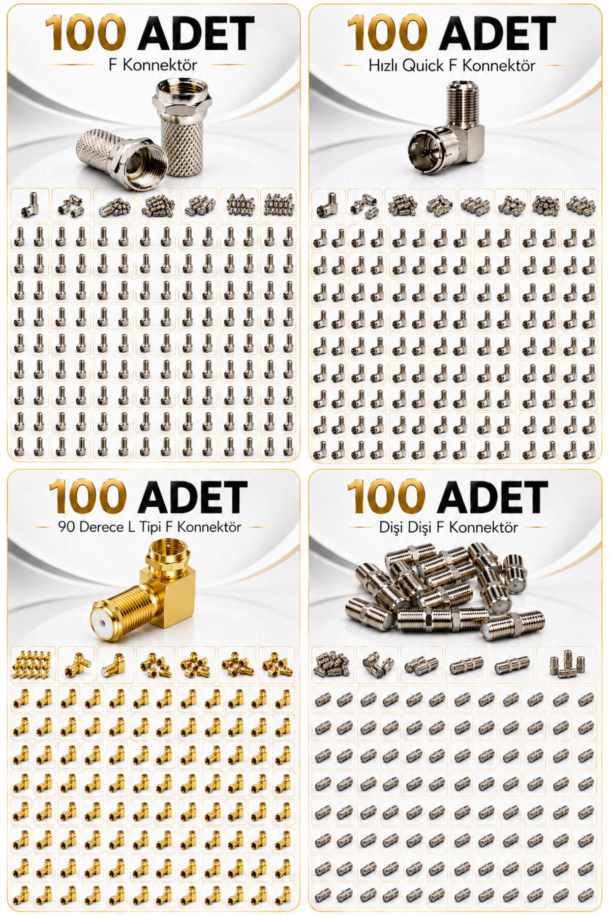 100 Adet F Konnektör Çeşitleri | 90 Derece Dirsek, Hızlı Tak Çalıştır Quick ve İki Tarafı Dişi F Konnektör Ara Adaptör | Televizyon ve Uydu Alıcısı Anten Bağlantı Ekipmanı