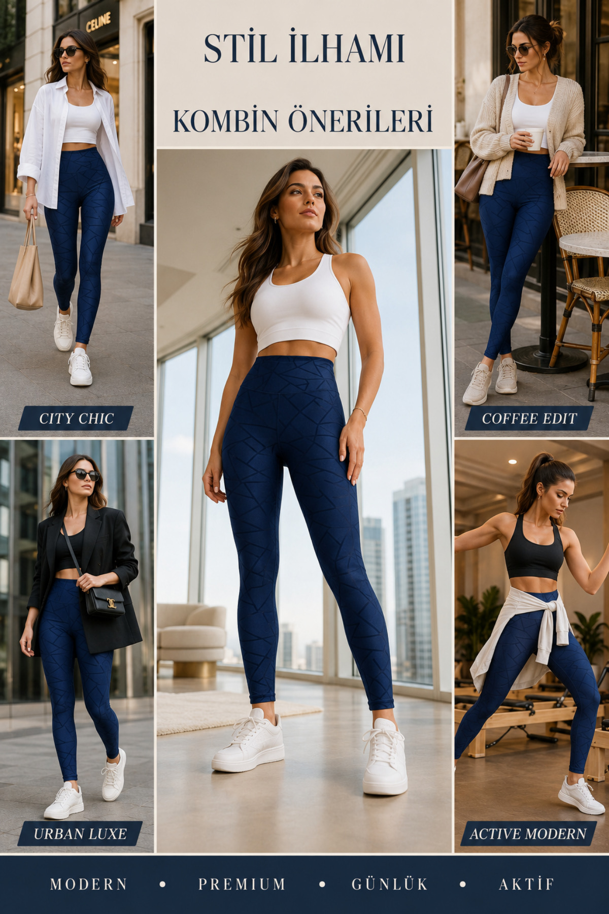 Oxyteez Tayt Kadın Dalgıç Likra, Lacivert 3 Farklı Desenli Yüksek Bel Push-Up Cepli Toparlayıcı Spor Taytı görsel 3