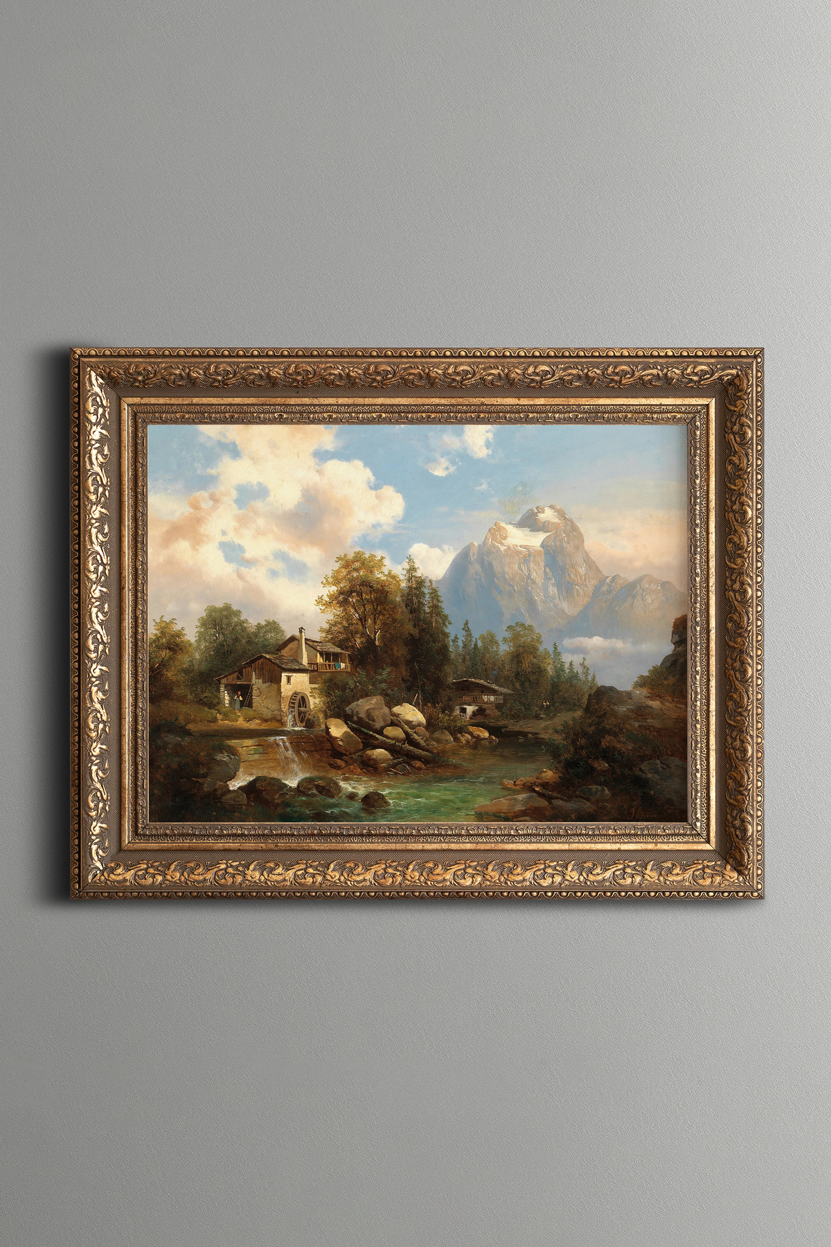 A Mill on the Edge of the Mountain River - Vintage Pattern Painting - Thick Model