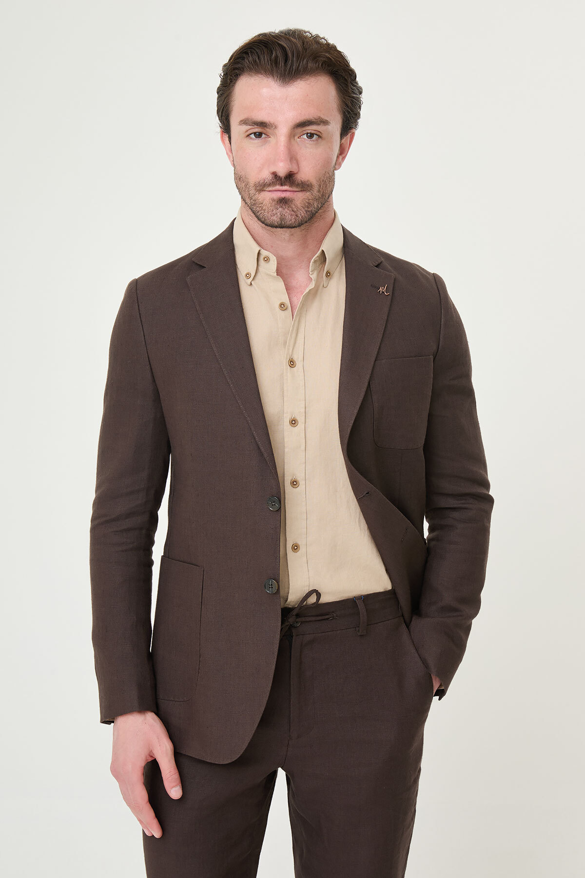 Mcr Plain Slim Fit Mono Collar Pocket Bag 100% Linen Men's Dark Brown - 41487.26Y