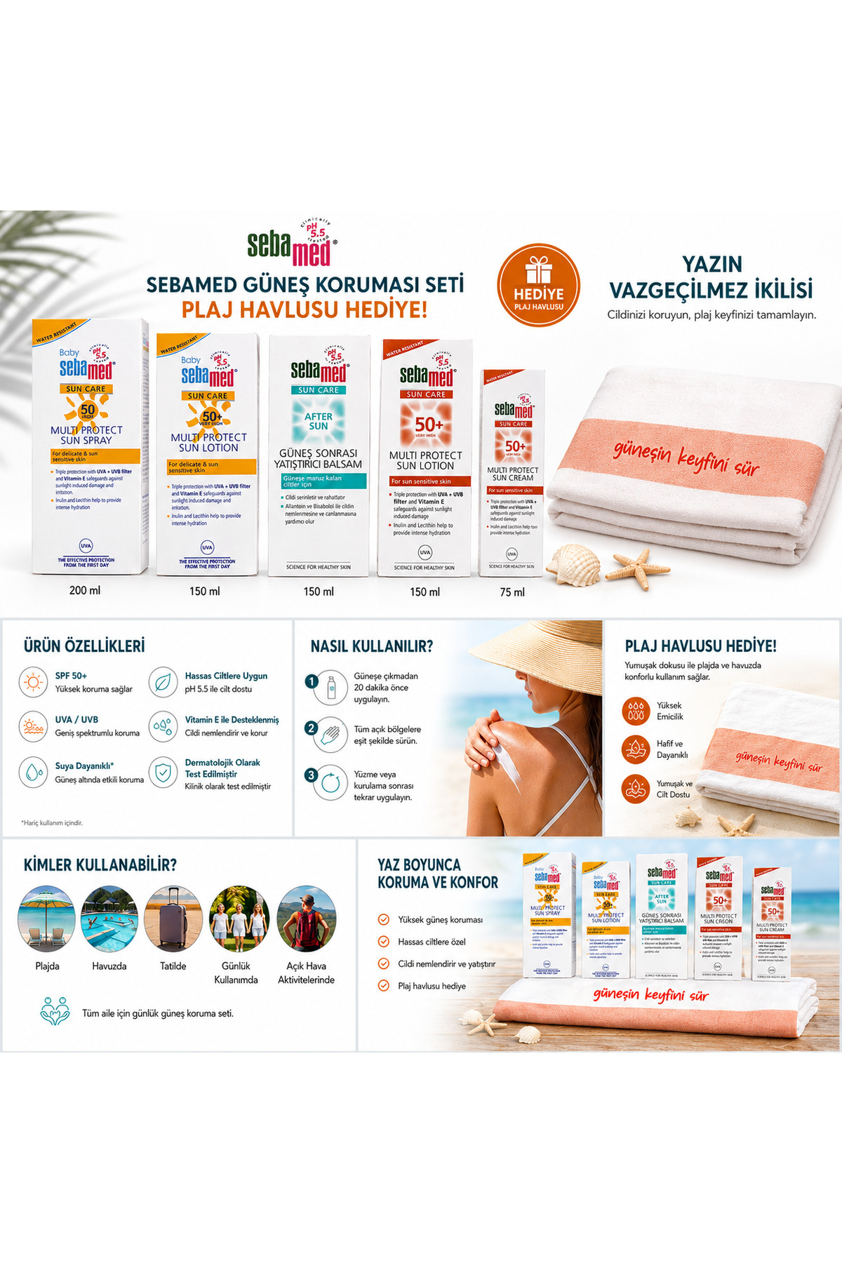 Güneş Koruma SPF 50+ 4 Parça Güneş Kremi + 1 Parça Güneş Sonrası + Plaj Havlusu Hediye — SEBAMED5+HAVLU — تصویر 3 از 7
