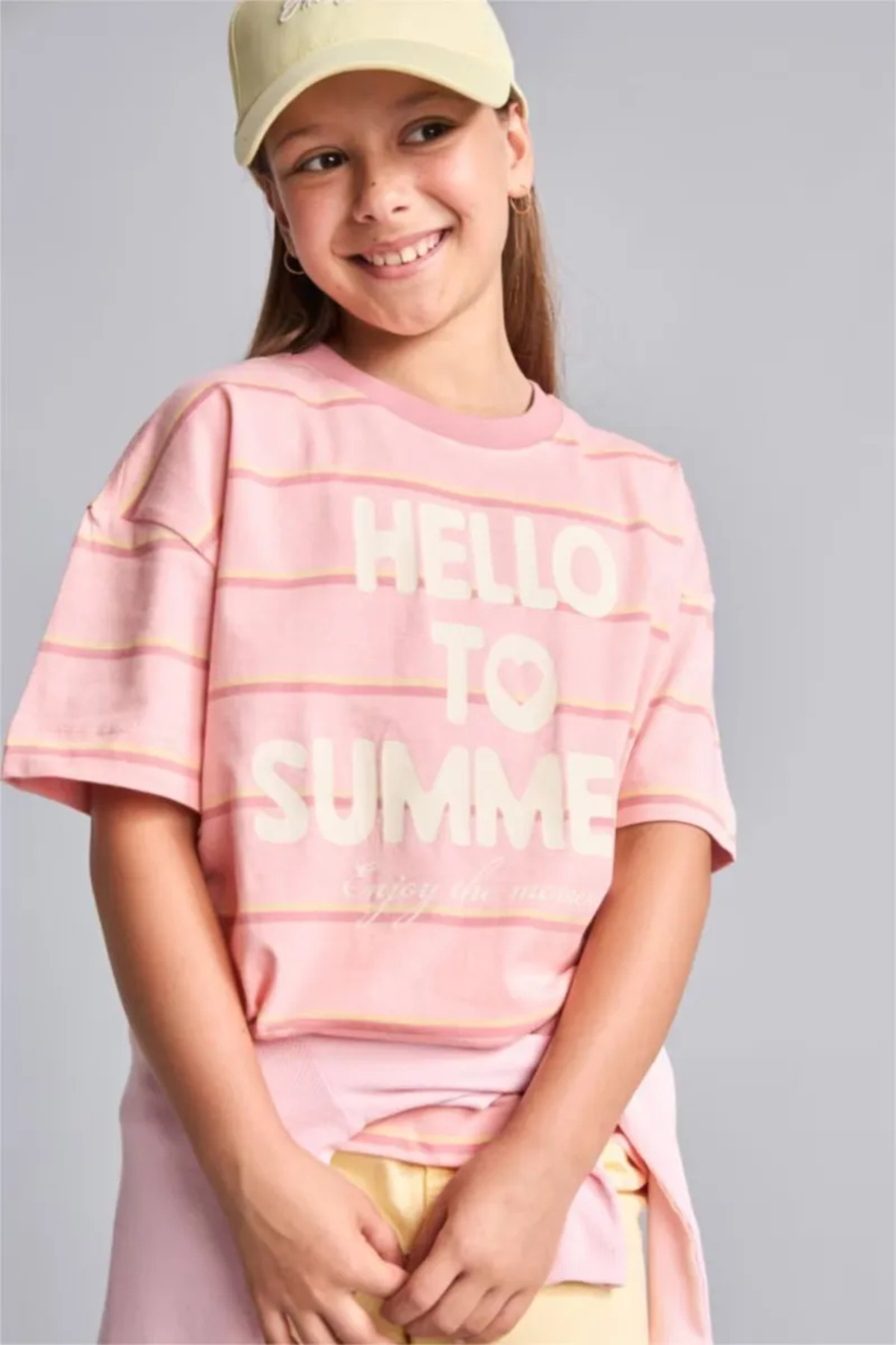 Defacto 100% Cotton Slim Fit Crew Neck Striped Short Sleeve Light Pink T-Shirt Girls G1142A826Hs