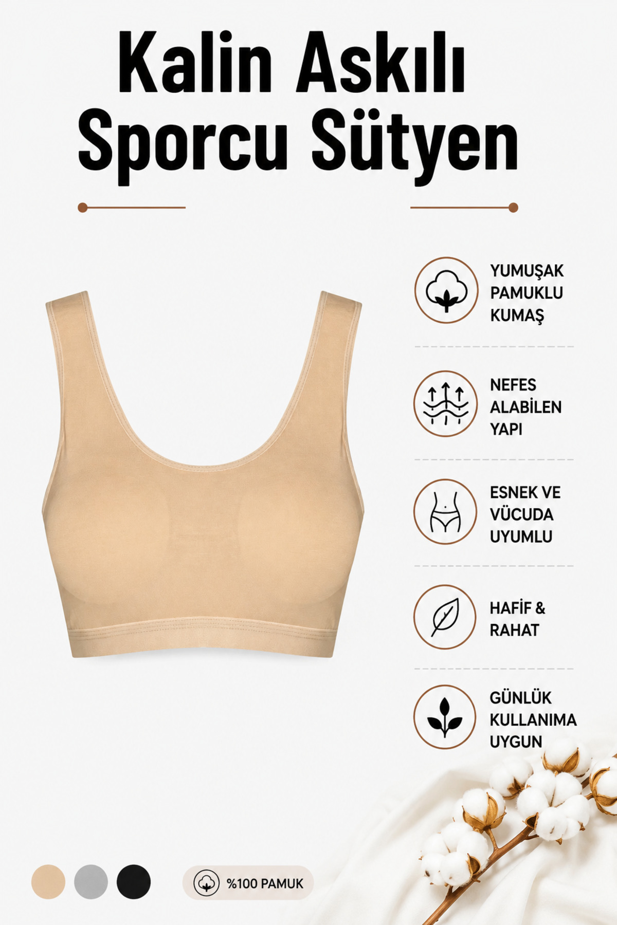Mudcosıo Kadın Kalın Askılı Yarım Sporcu Sütyen Pamuklu Esnek Rahat
