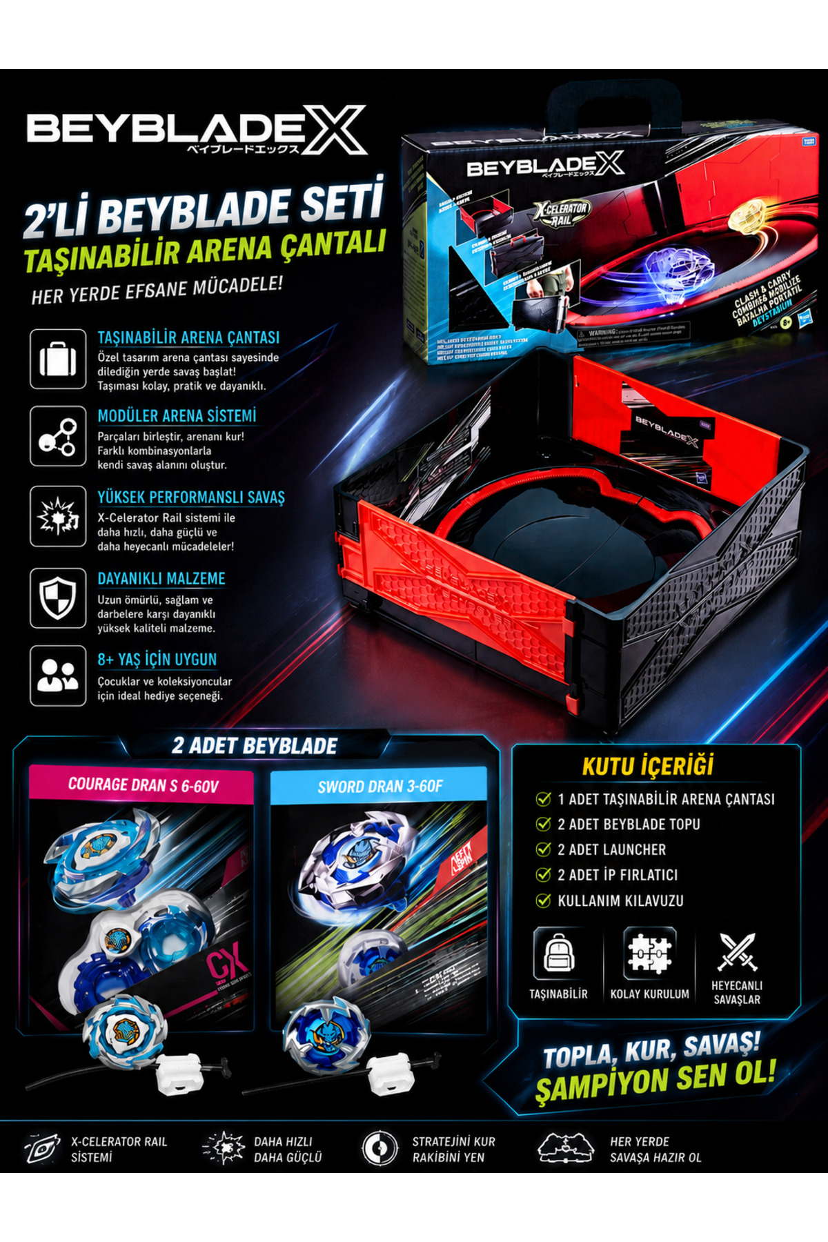 Beyblade Taşınabilir Arena ve 2'Li Sword Dran 3-60F ve Courage S 6