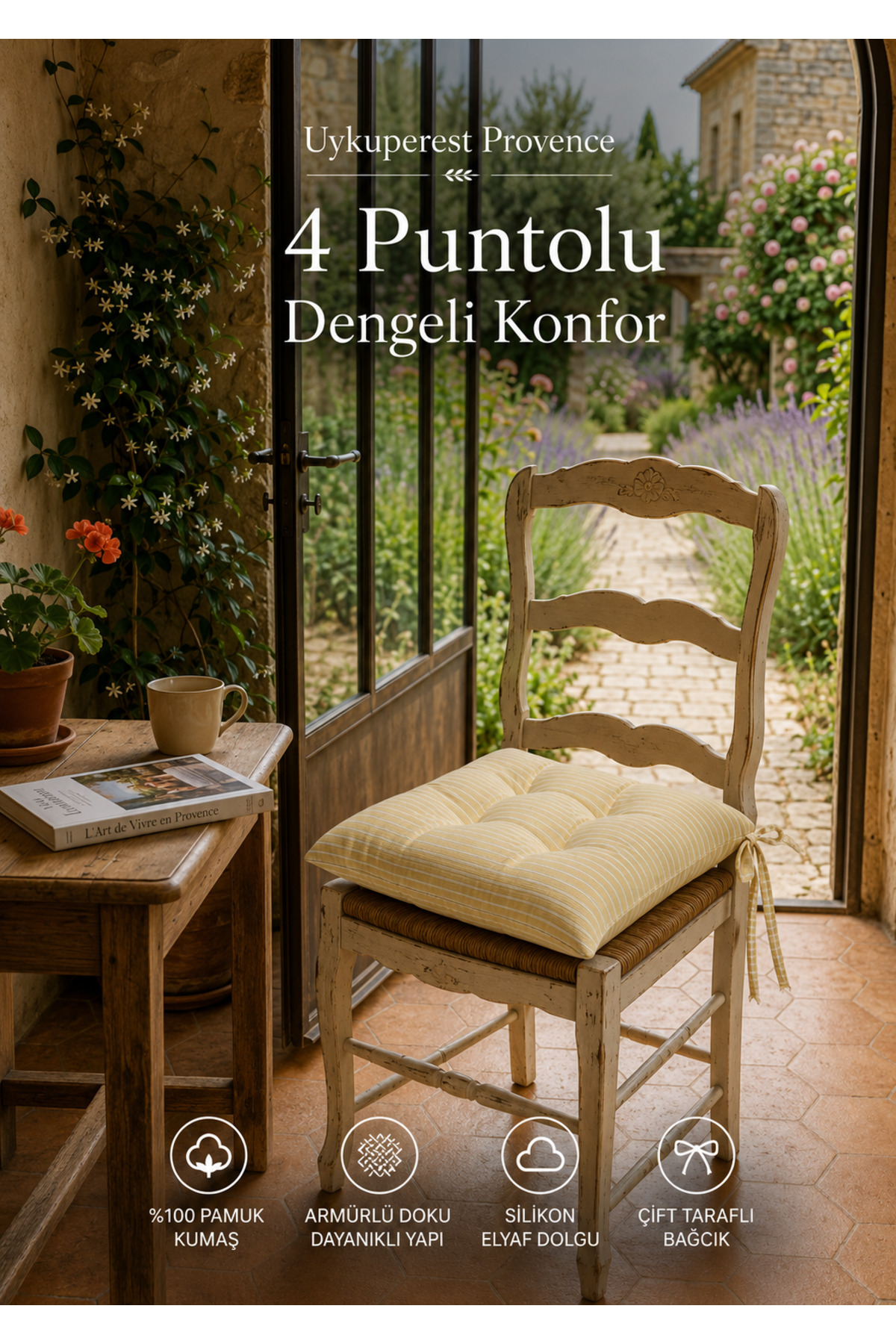 Pastello Pofidik Sandalye Minderi 40x40 Bağcıklı 4 Puntolu Silikon Dolgulu Pamuk Bahçe Balkon Tekli detay