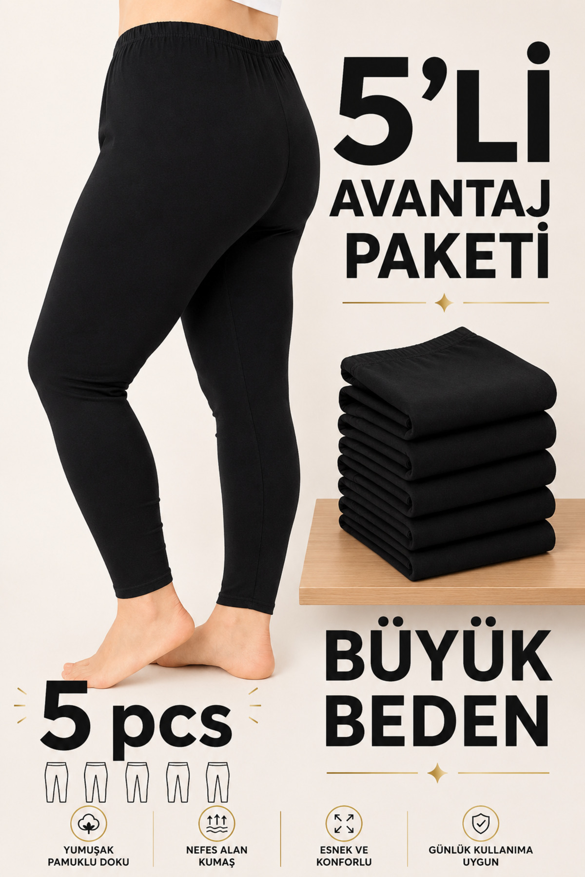 Altınay Women's 5-Pack Plus Size Underwear Leggings - 90% Cotton