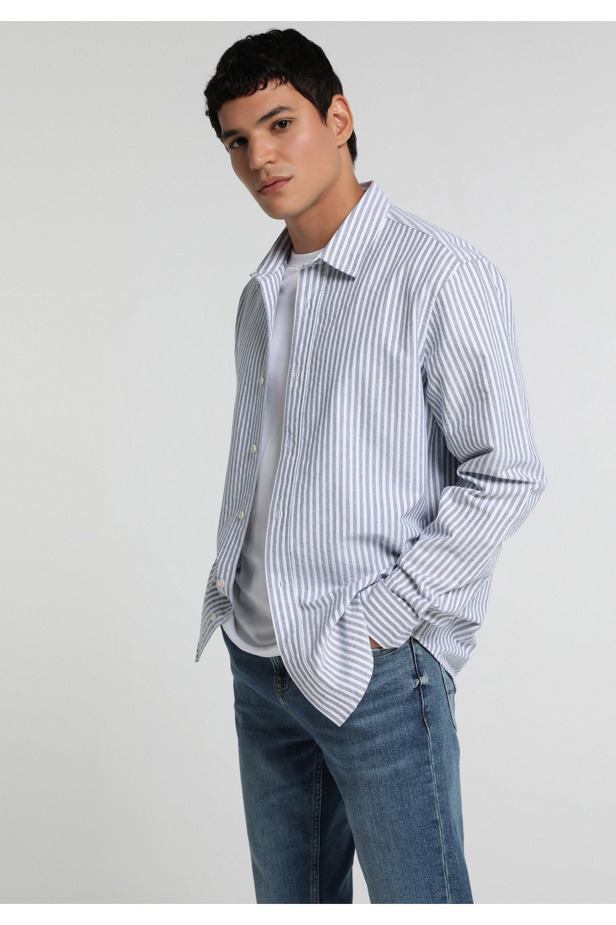 Regular Fit Shirt Neck Çizgili Erkek Mavi Uzun Kol Gömlek