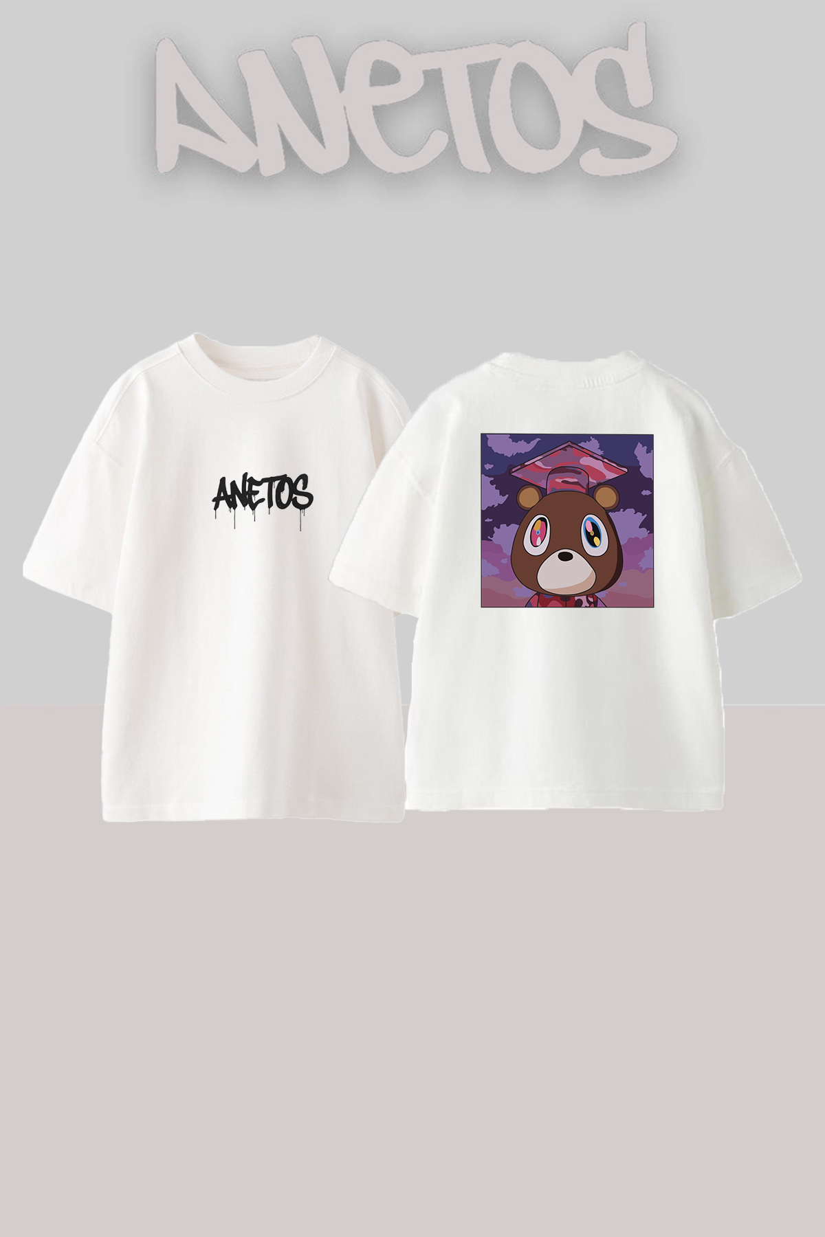 Anetos Dropout Bear_2 Design Printed Unisex Oversize White Tshirt