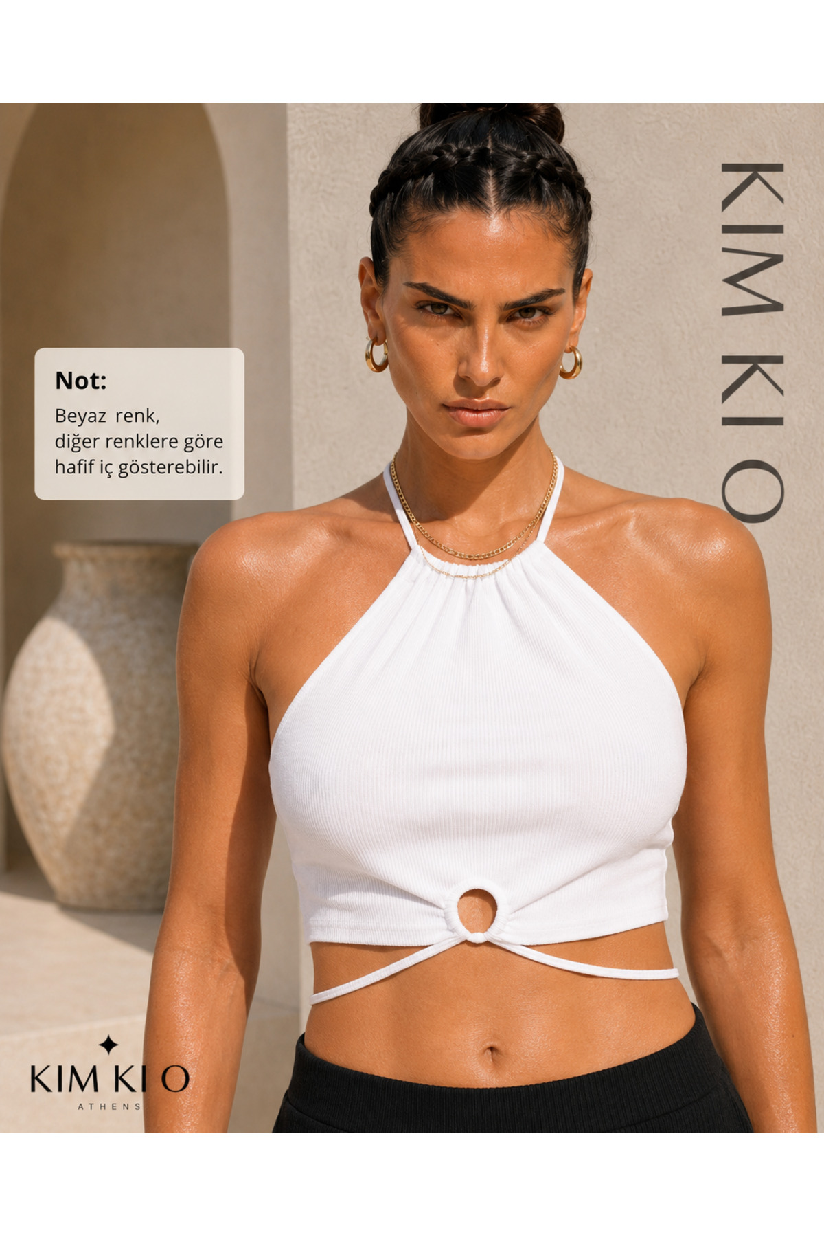 KİM Kİ O Kadın Halter Yaka Ön Halkalı Bağlamalı Kaşkorse Crop Top görsel 2
