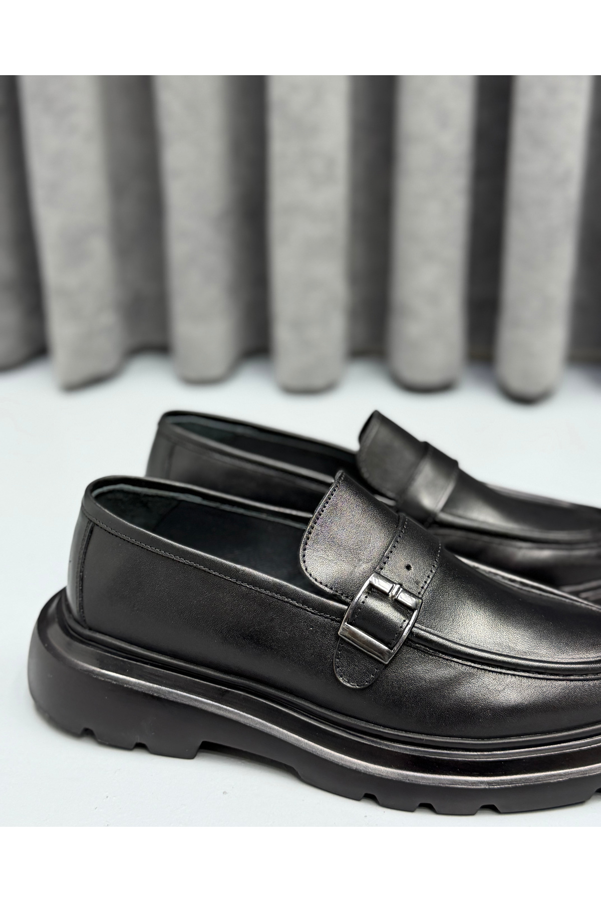 Avni Ceylan Erkek Hakiki Deri Metal Tokalı Kalın Taban Günlük & Klasik Loafer Ayakkabı, Siyah / Kahve görsel 3
