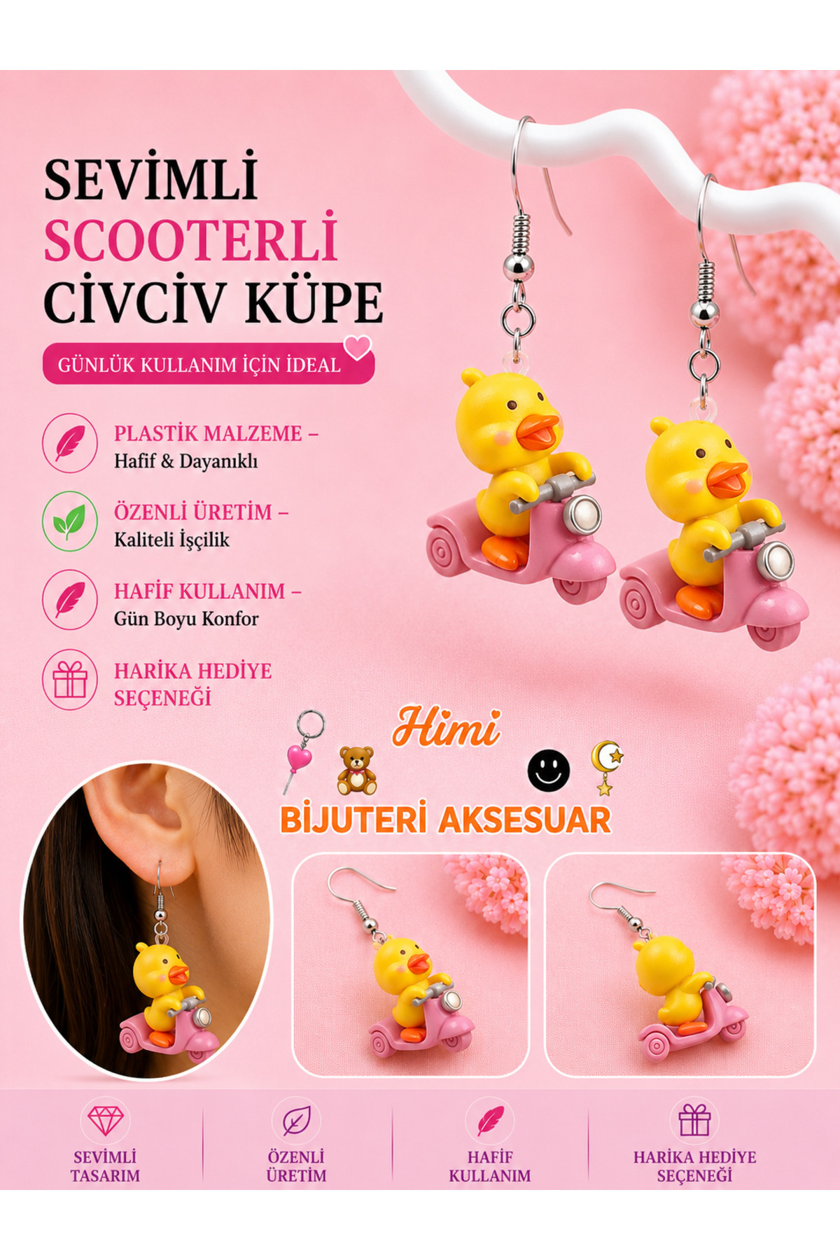 Scooterlu Civciv Neşeli Sevimli Hayvan Figürlü Sallantılı Küpeler Hafif Tasarım Günlük Kullanım Bijuteri Çocuk Küpesi