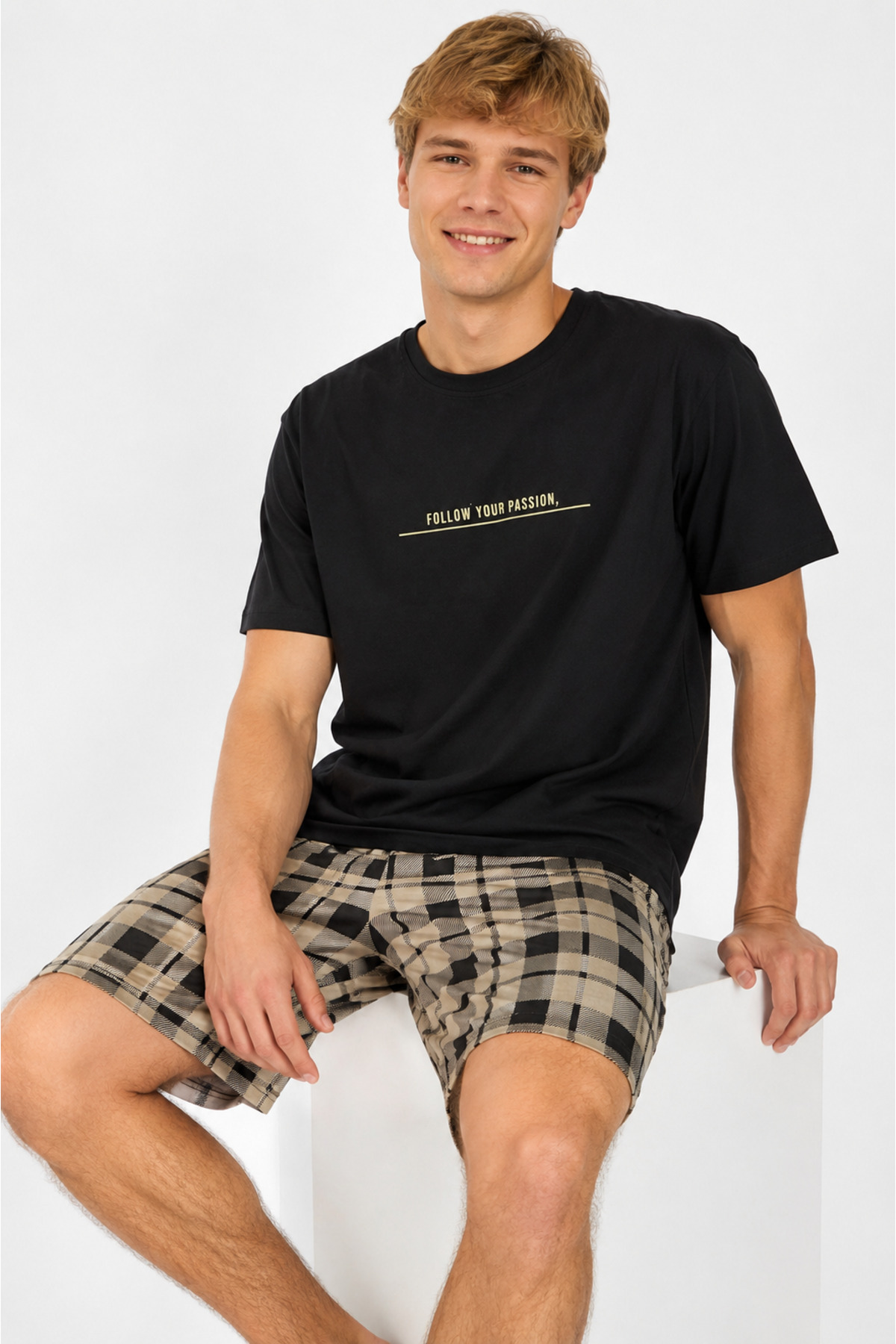 Sude HOMEWEAR Men's Short Sleeve Shorts Plaid Patterned Pajama Set