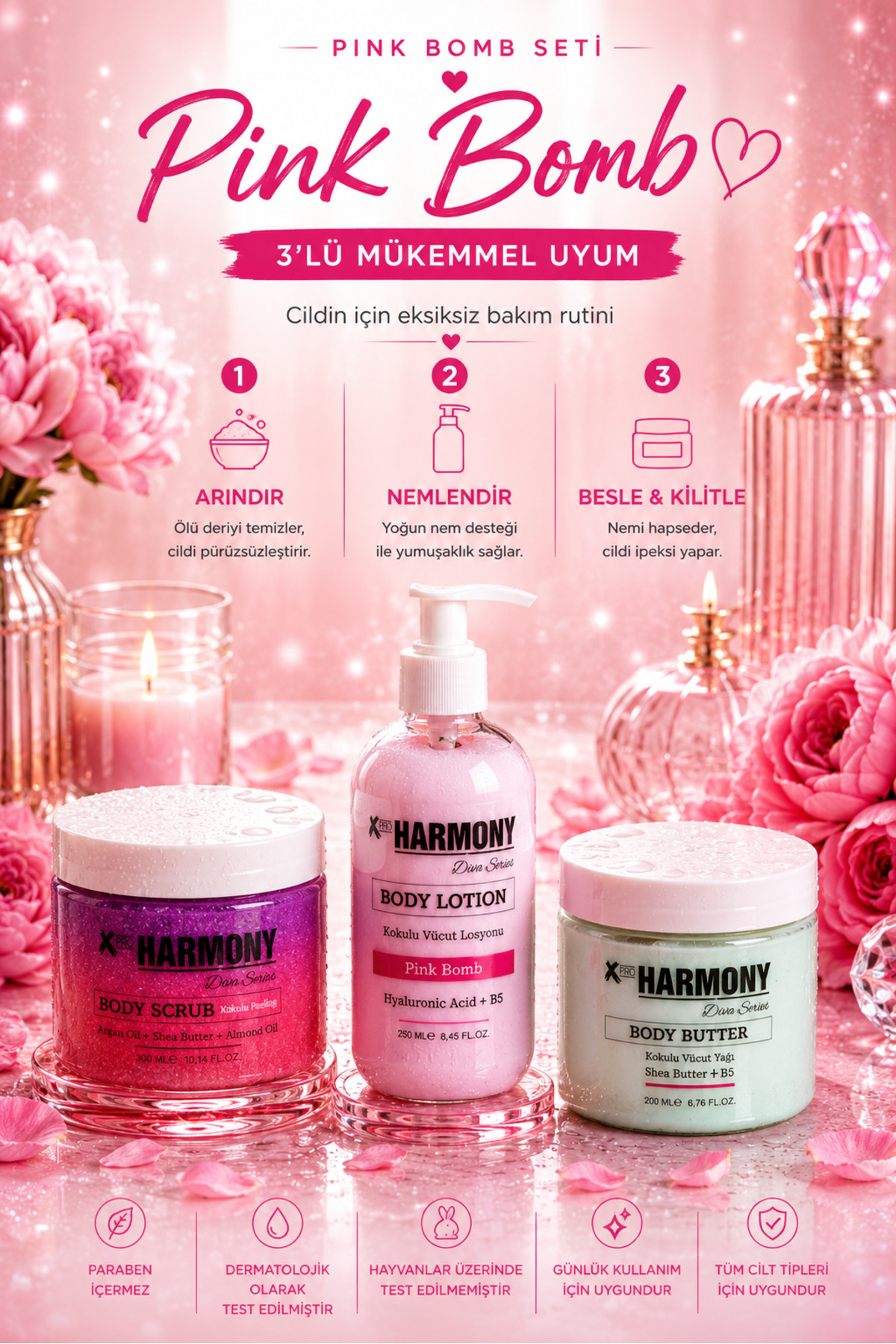 Pink Bomb Ritüeli 3’lü Vücut Bakım Seti 750 ml | Body Scrub + Body Lotion + Body Butter — PH-VRS-PBK-750