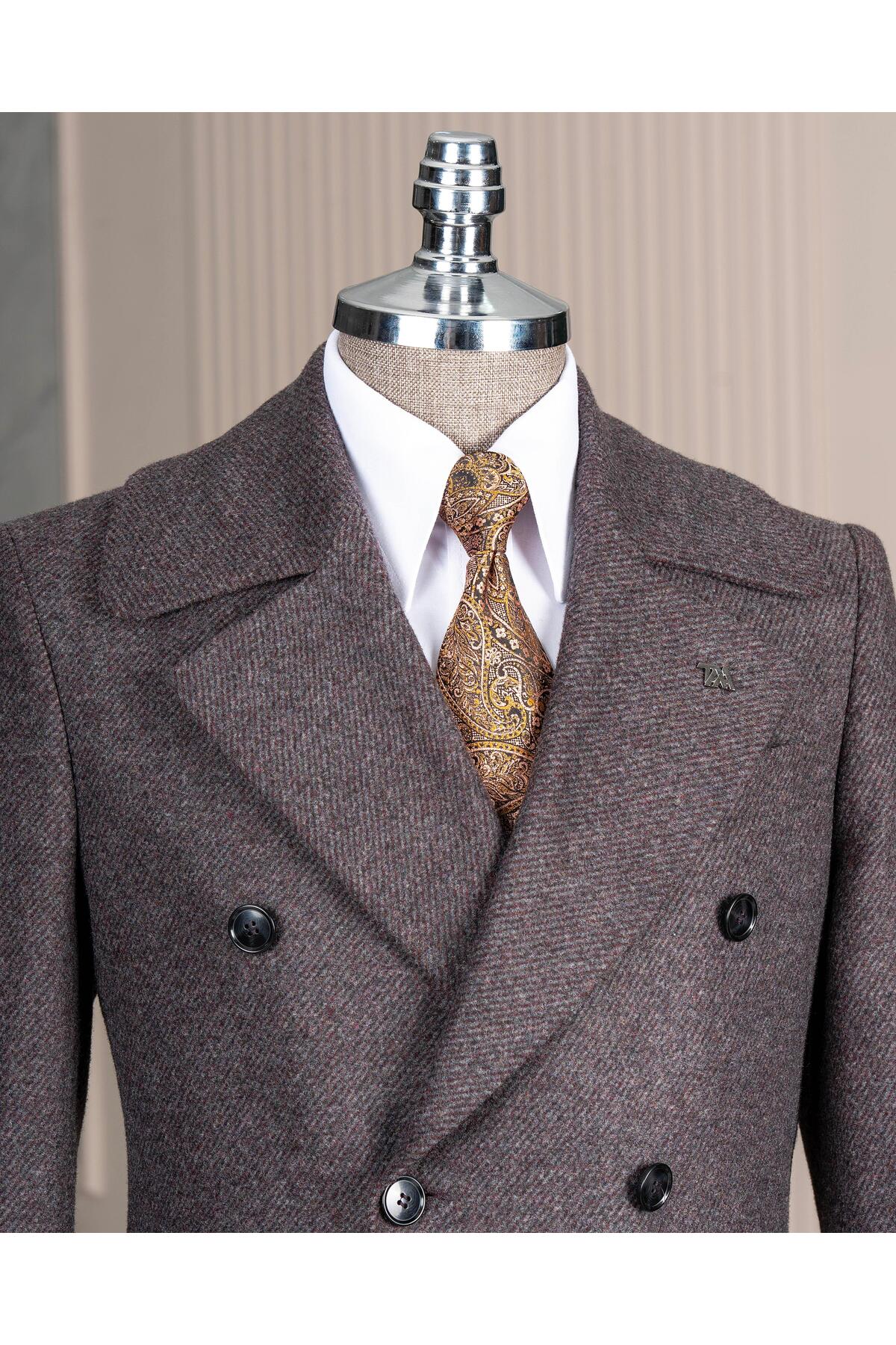 TerziAdemAltun İtalyan stil slim fit kruvaze kaşe yan cepli erkek kaban bordo T15032 görsel 2