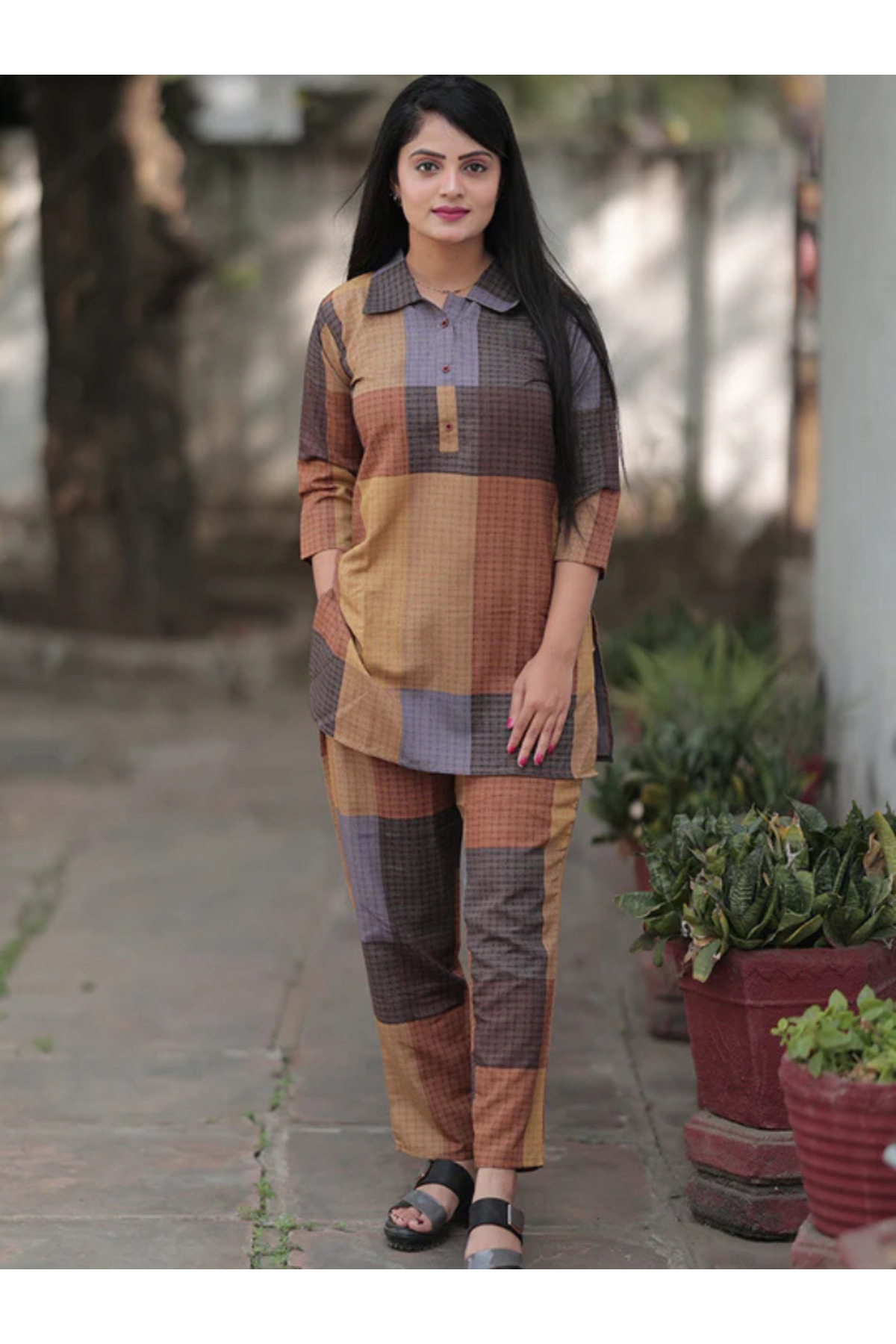 MYSMAR Brown Plaid Tunic Co-Ord Set - RMD9291 | Brown-Size:XL-42-Inches