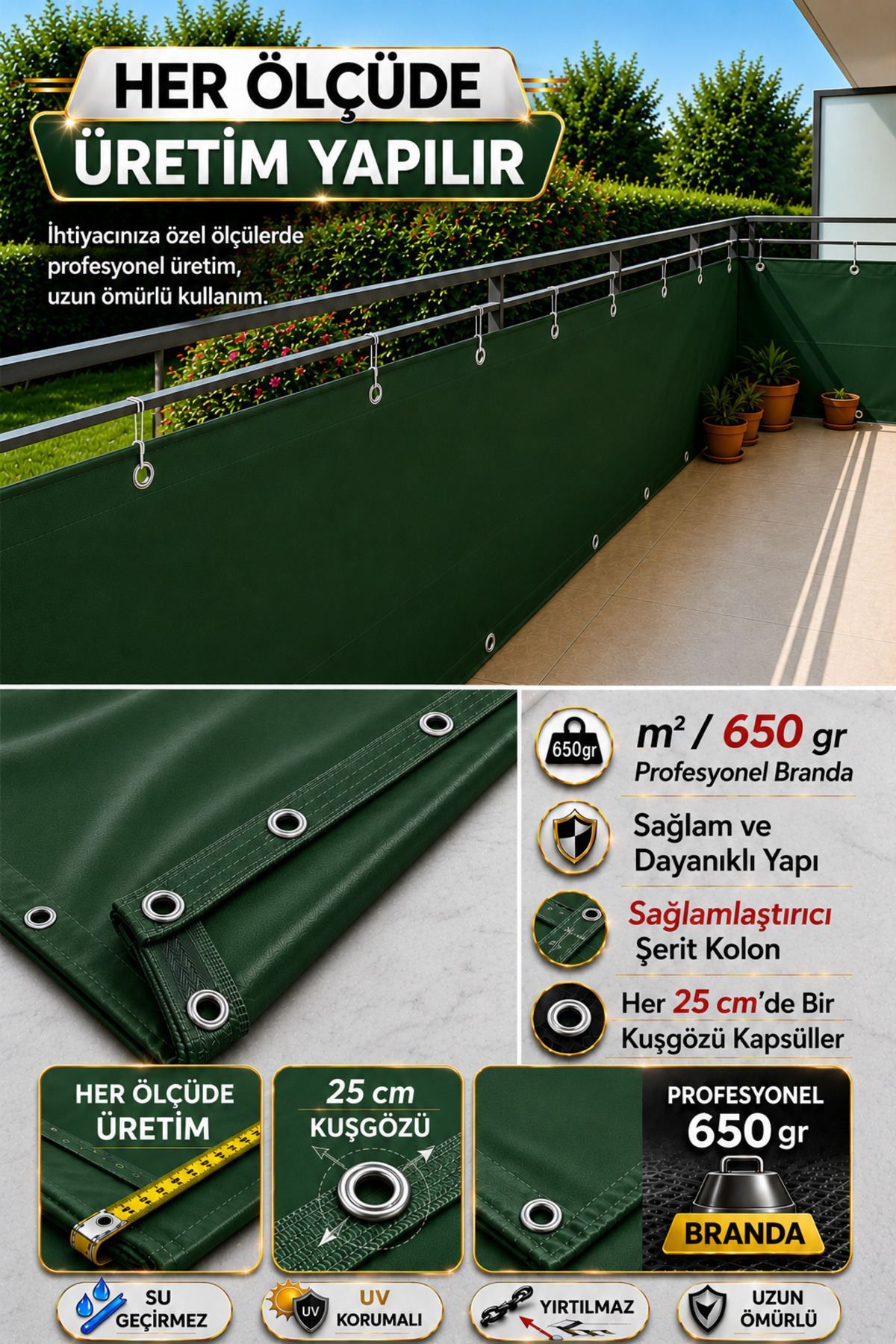 Dark Green Balcony Tarpaulin - 650 g PVC Polyester - Eyelet and Column Reinforced Balcony Iron Tarpaulin