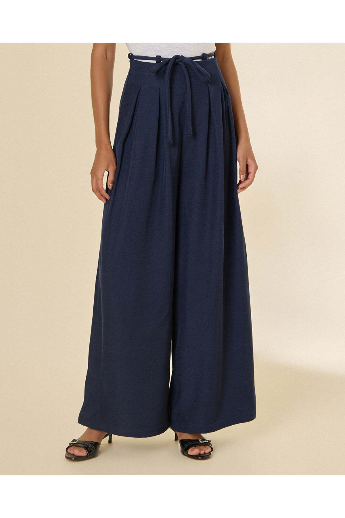 REDTAG Women Navy Pleated Wide Leg Pants With Tie Belt