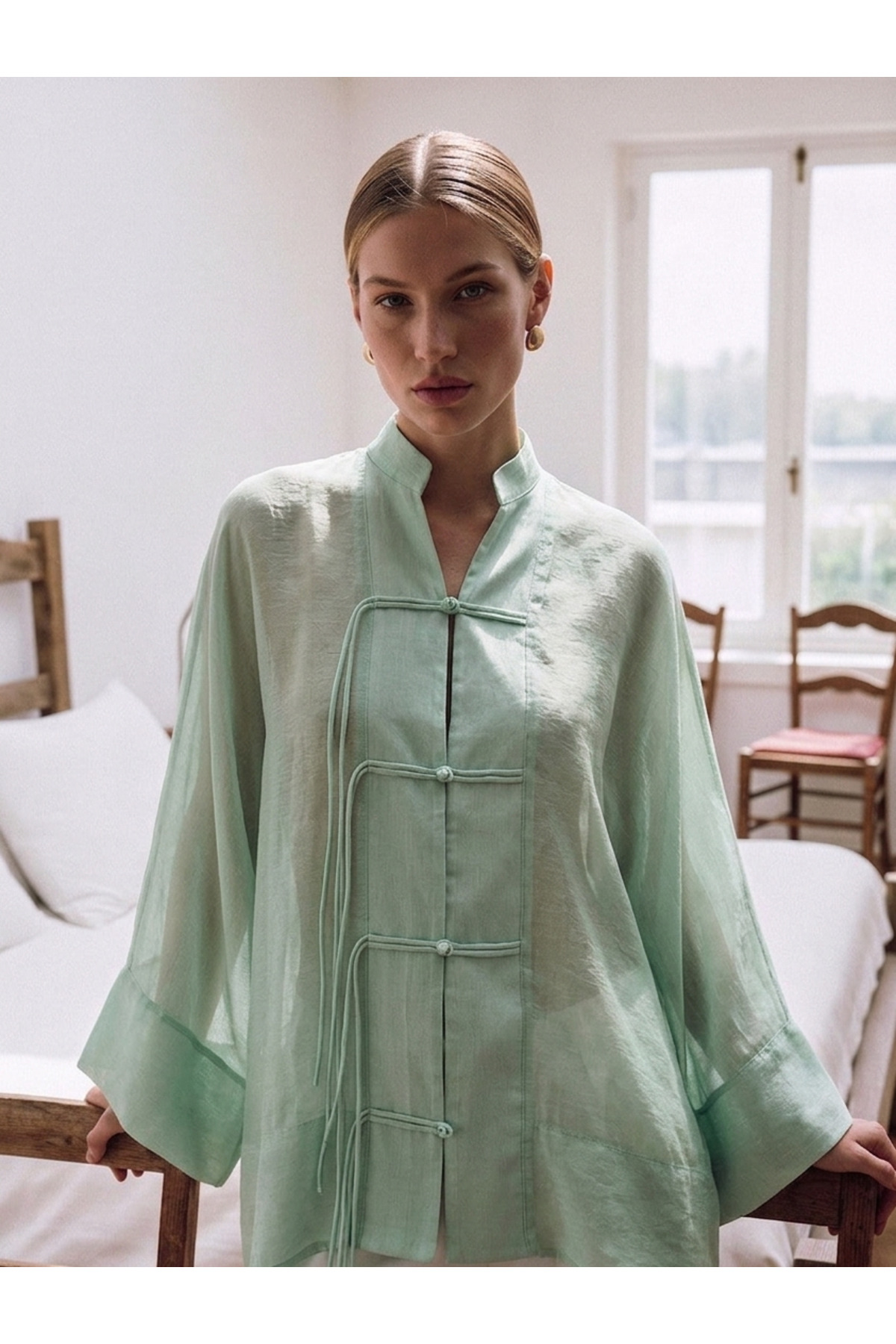 My Blog Mint Threaded Transparent Shirt - 5098