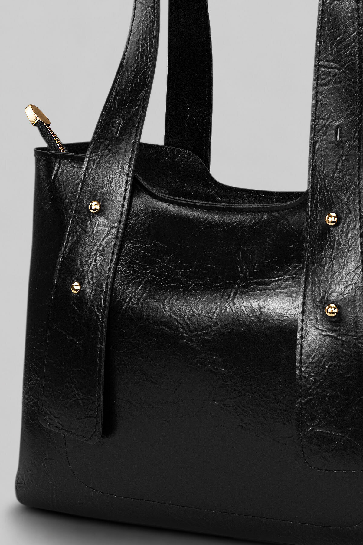 Housebags Siyah Dokulu Kadın Omuz Çantası, Gold Metal Detaylı Fermuarlı Everyday Tote Bag 287 görsel 3