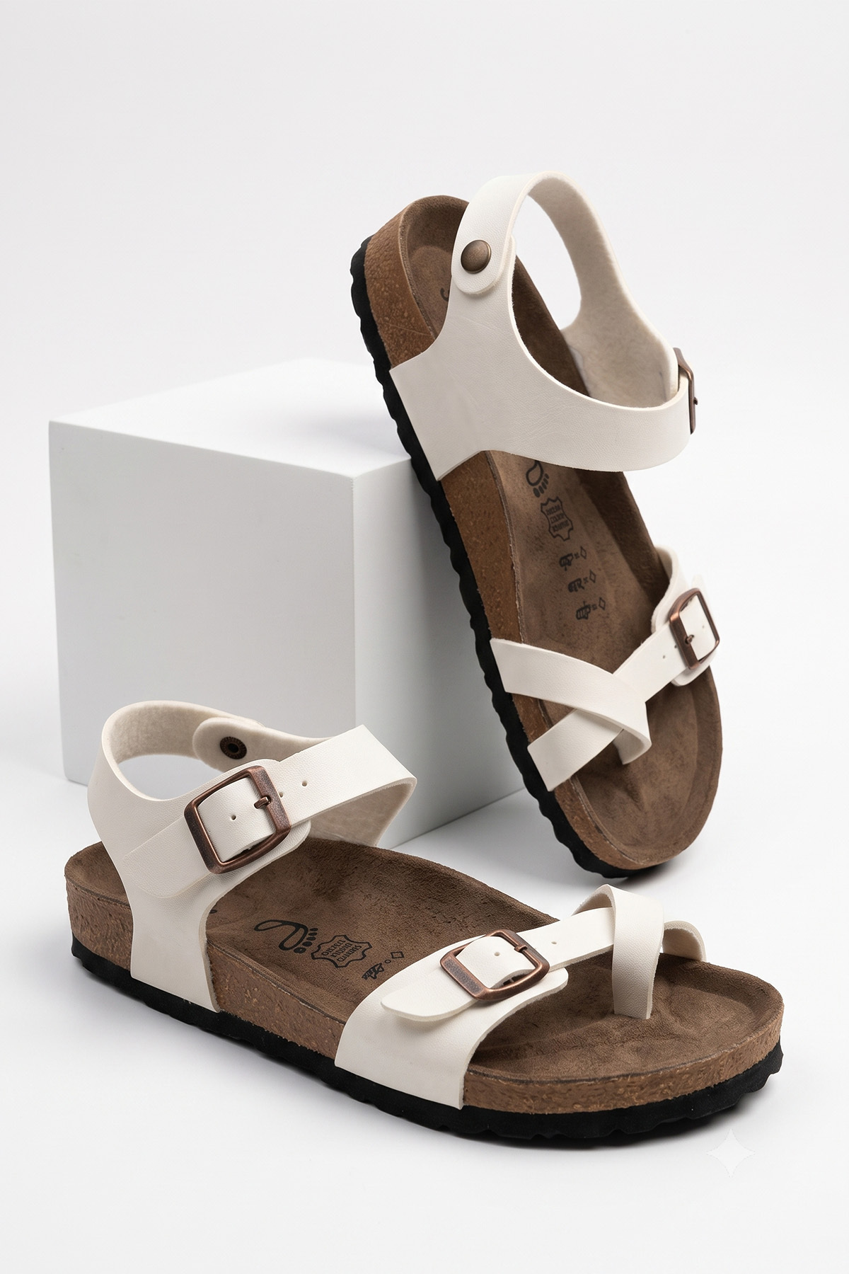 StWenn White Color Women's Anatomical Sole Flip-Flop Sandals with Double Buckle Ankle Strap Daily Comfortable Summer Wear