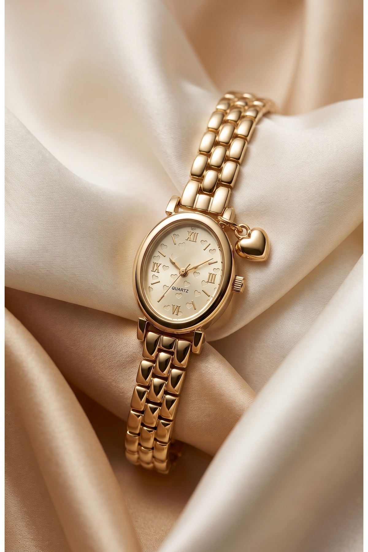 KLISHE Butik Valentin Kadın Çelik Saat Gold Renk Kalp Charm Detaylı Vintage Oval Kasa Old Money Zarif Şık Lüks Kadın Kol Saati | Limited Edition 2026 görsel 2