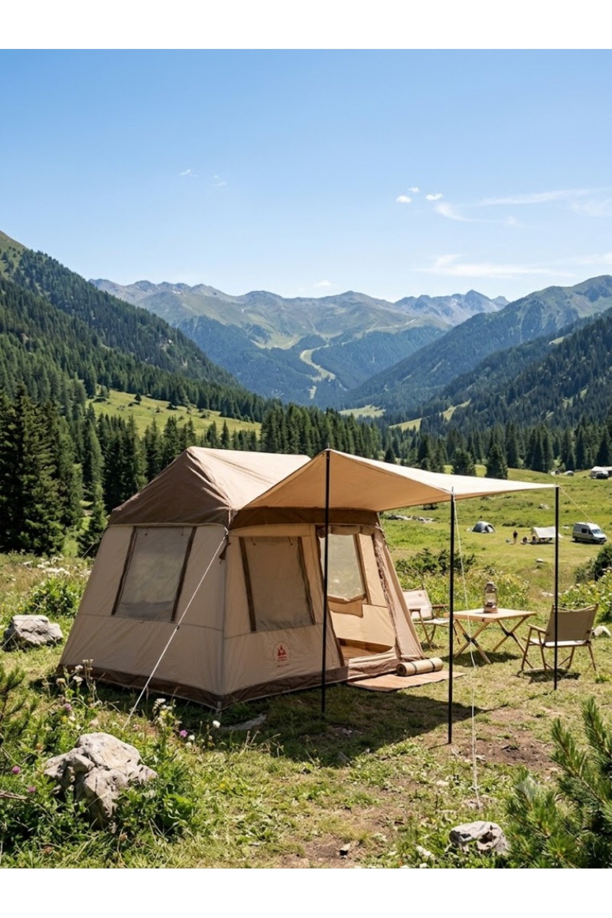 SHUFA 260 × 220 × 200 cm Otomatik Şişme Kamp Çadırı, Yağmur Brandası ve 330 × 270 cm Bağlantılı Gölgelik Dahil, 2 Büyük Şeffaf Tavan Pencereli, Aile Outdoor Kamp Çadırı