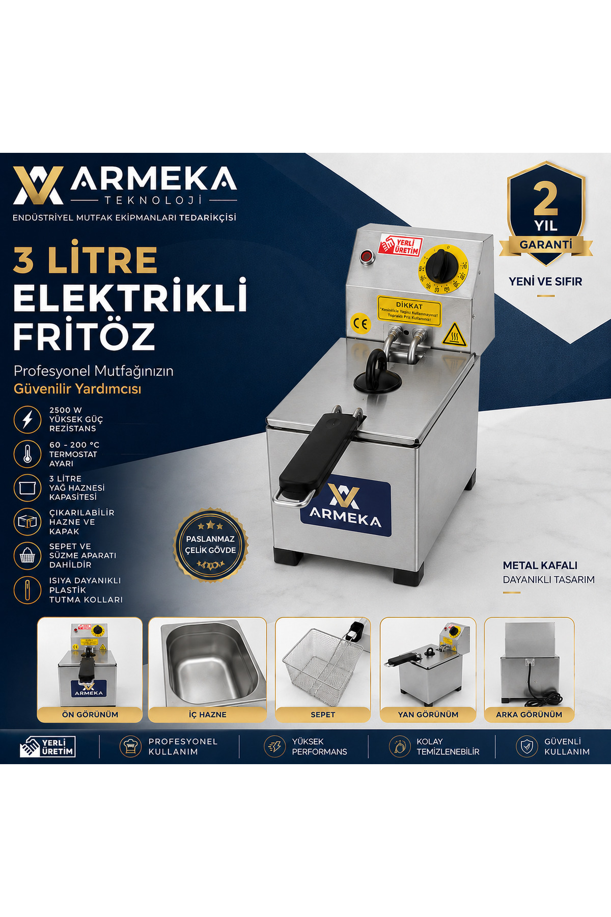 Armeka Elektrikli Fritöz 3 Litre Metal Kafalı Çıkarılabilir Hazneli Kızartma Makinesi Airfryer