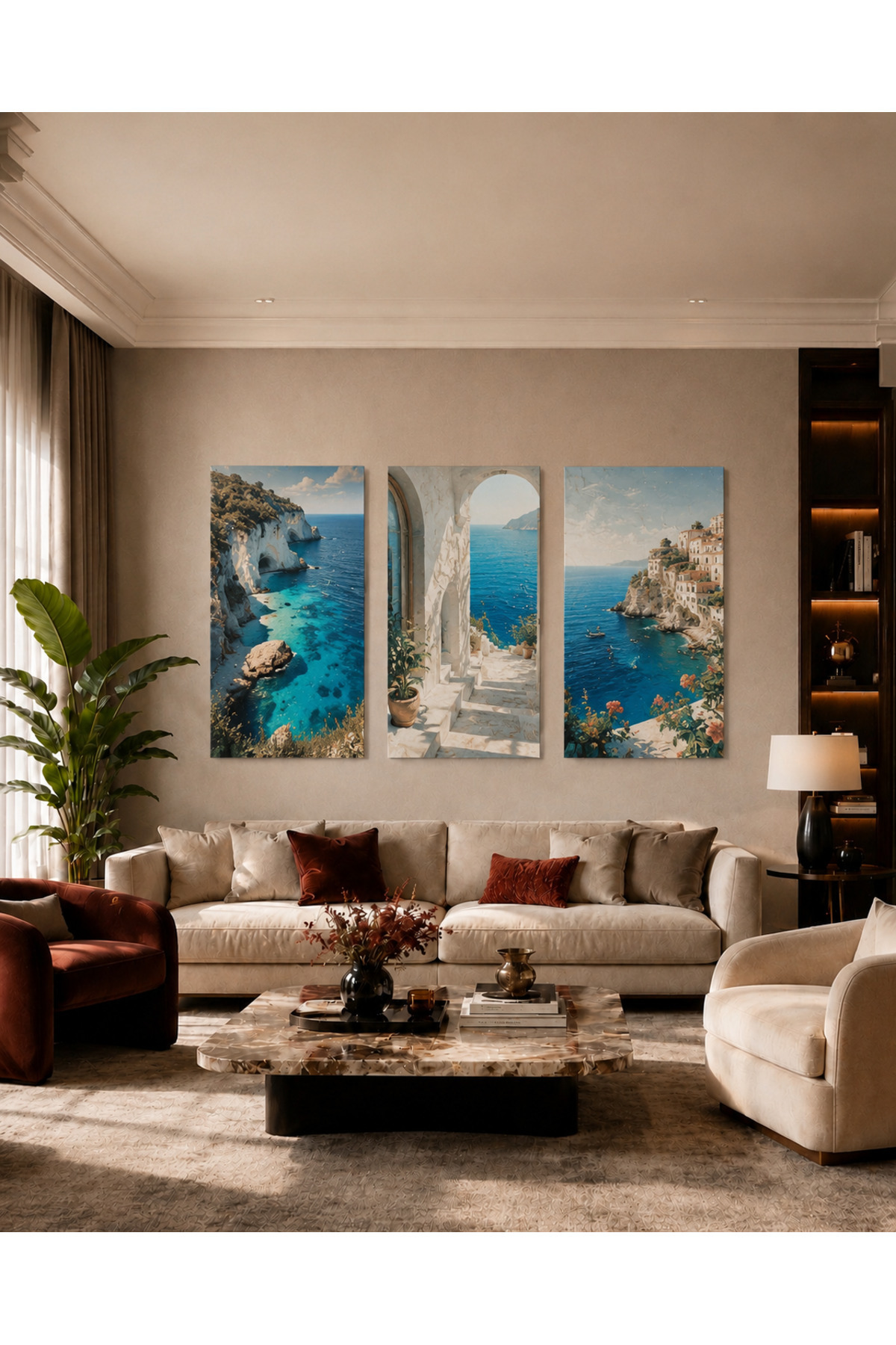 MDF Tablo Akdeniz Sahili Manzaralı 3’lü Set – Modern Salon Duvar Dekorasyonu