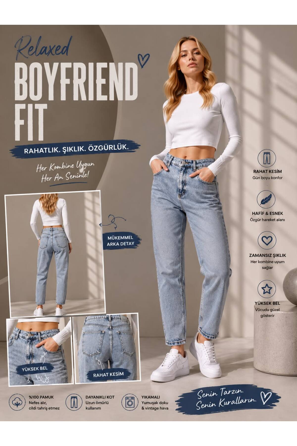 sports here Kız/Kadın Yüksek Bel Relaxed Boyfrıend Fit Denim Kot Pantolon görsel 5