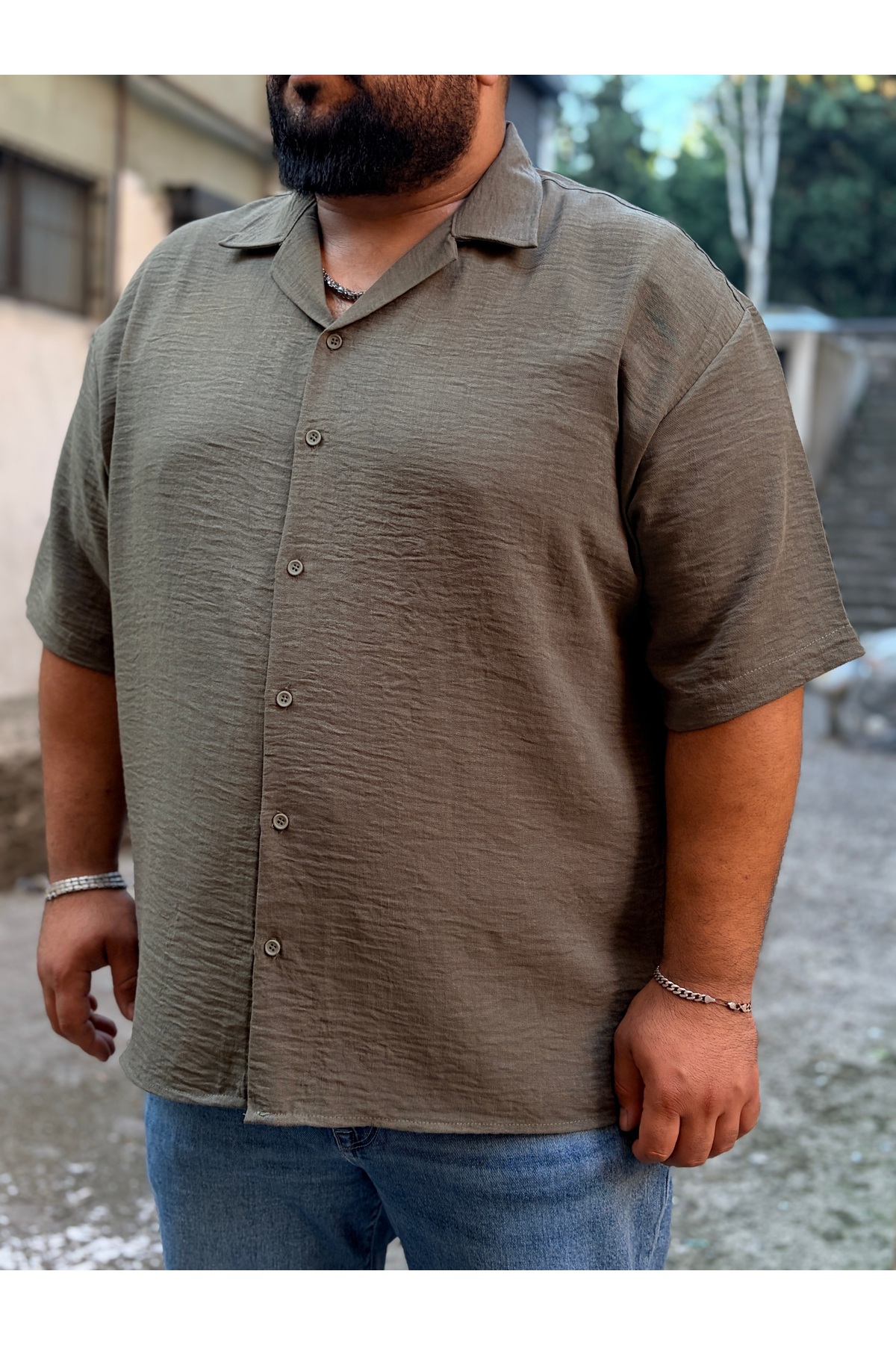 MİRMARONİ Erkek Oversize Büyük Beden Yazlık Kısa Kollu Gömlek görsel 4