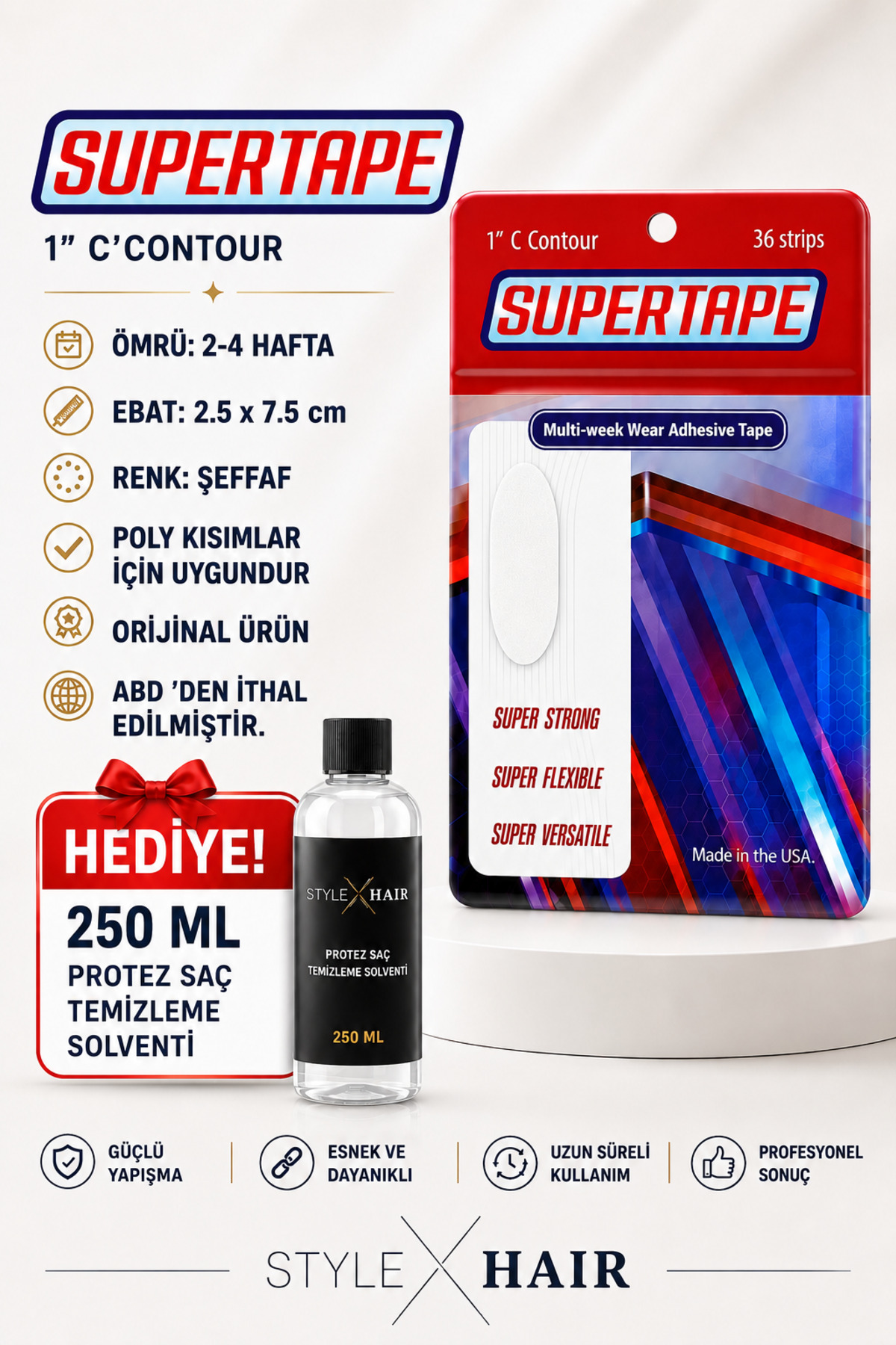 Super Tape Style Hair 36’lı Oval Protez Saç Bandı 250 ML Protez Saç Temizleme Solventi Hediyeli — STYST1C