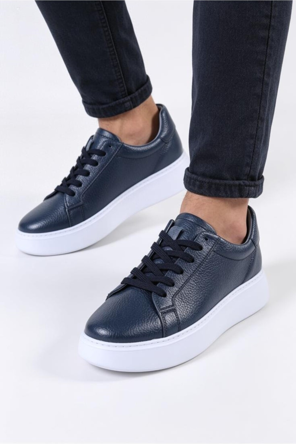 TROVIX Premium Lacivert Erkek Sneaker, %100 Hakiki Deri, Beyaz EVA Taban