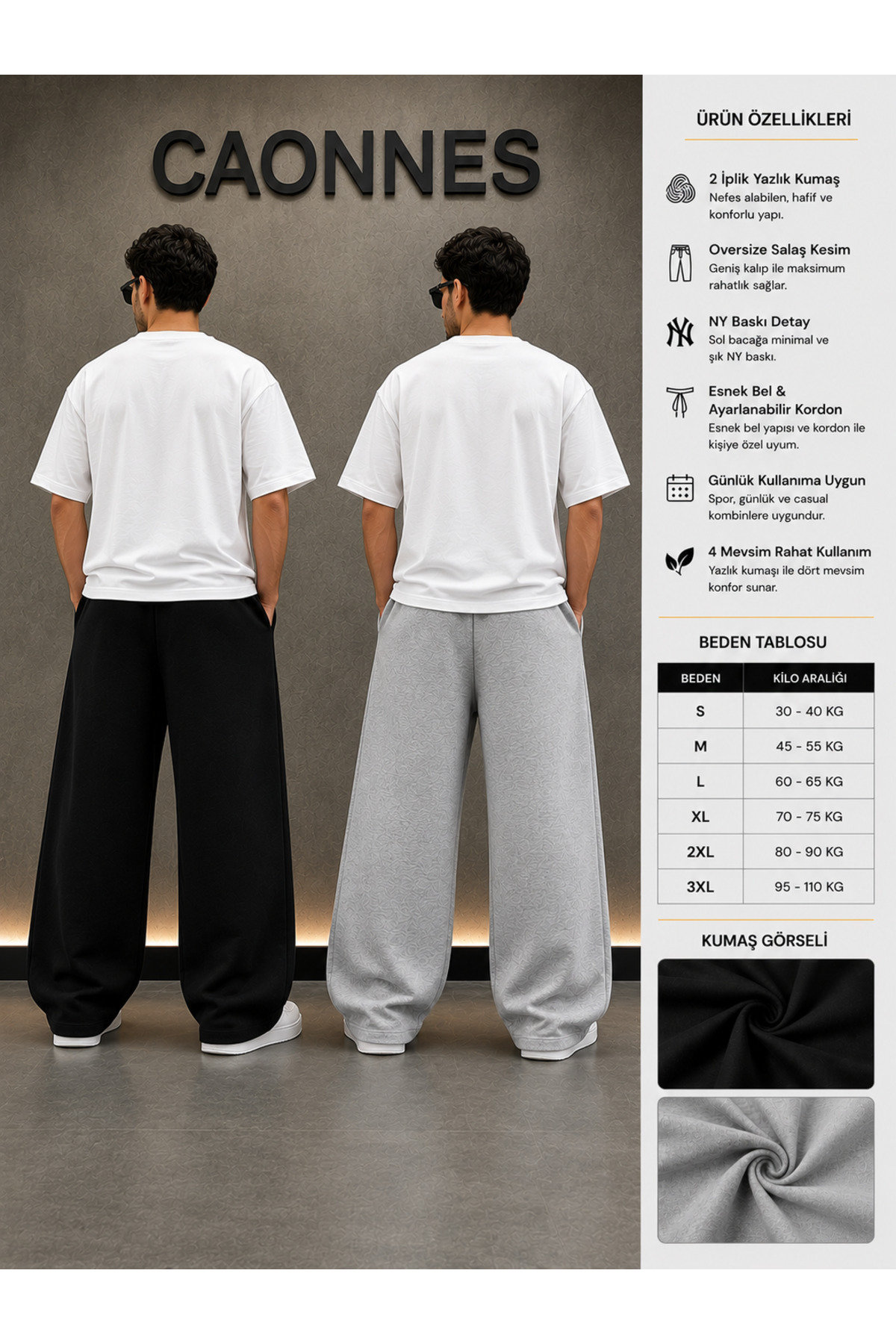 CAONNES 2'li Erkek NY Baskılı Eşofman Altı (Siyah-Gri) Oversize Baggy Salaş Paça görsel 2