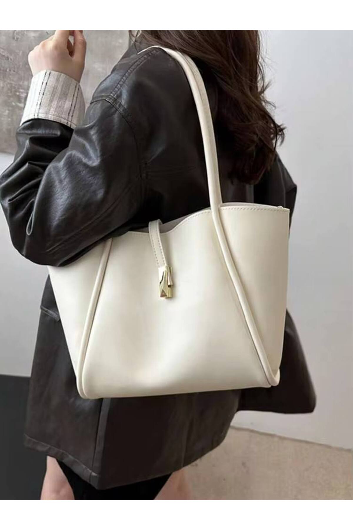 Cream LONDRA Large Women's Handbag with Lock Detail görünüm 2
