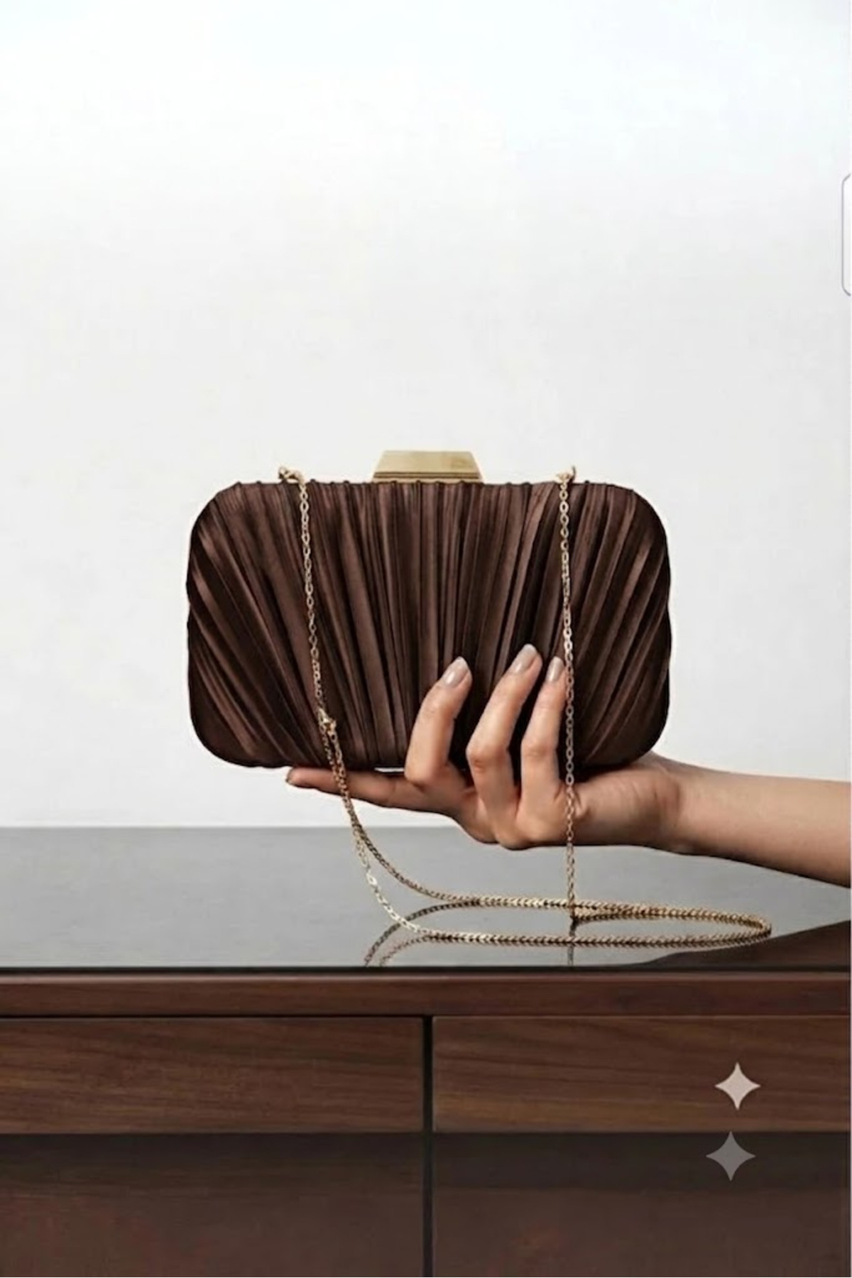 ZEYYMODA Kahve Pilse Desenli Abiye Çanta Pile Desen Abiye Çanta ve Clutch Portföy El Gece Düğün Nişan Abiye Çantası görsel 2