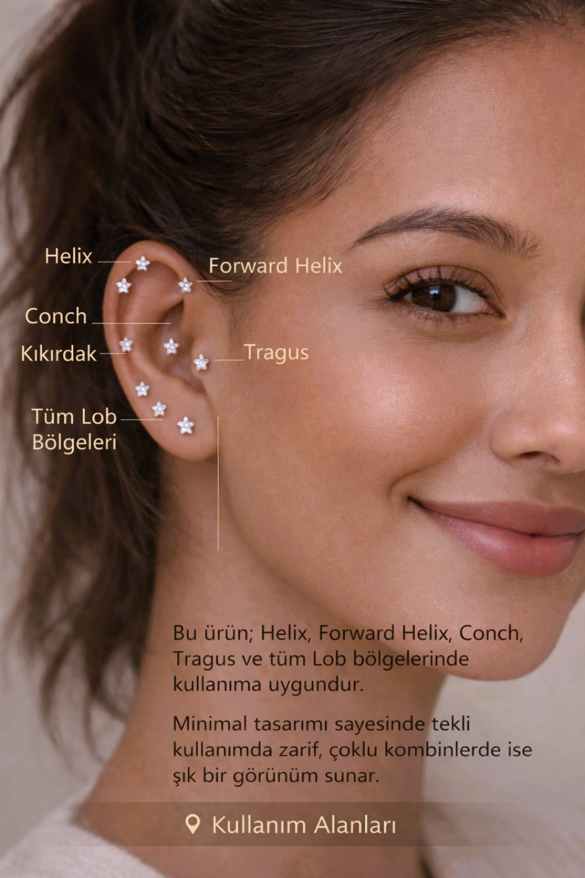 moonzy - minimalist & cozy 316L Çelik Yıldız Taşlı Labret Piercing 6 mm, Zirkon Tektaş Helix Tragus Küpe görsel 7
