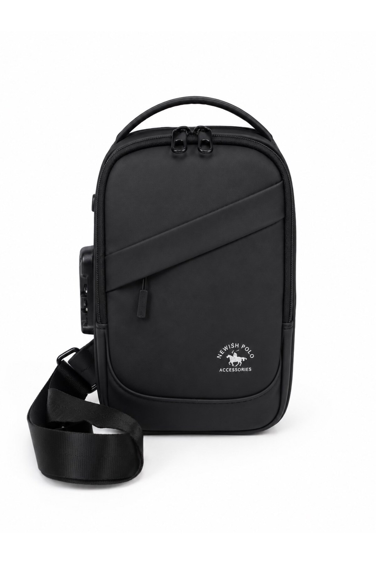 Newish Polo Erkek Siyah Usb Çıkışlı Çapraz Askılı Bel Çantası Ve Cüzdan Kartlık görsel 2