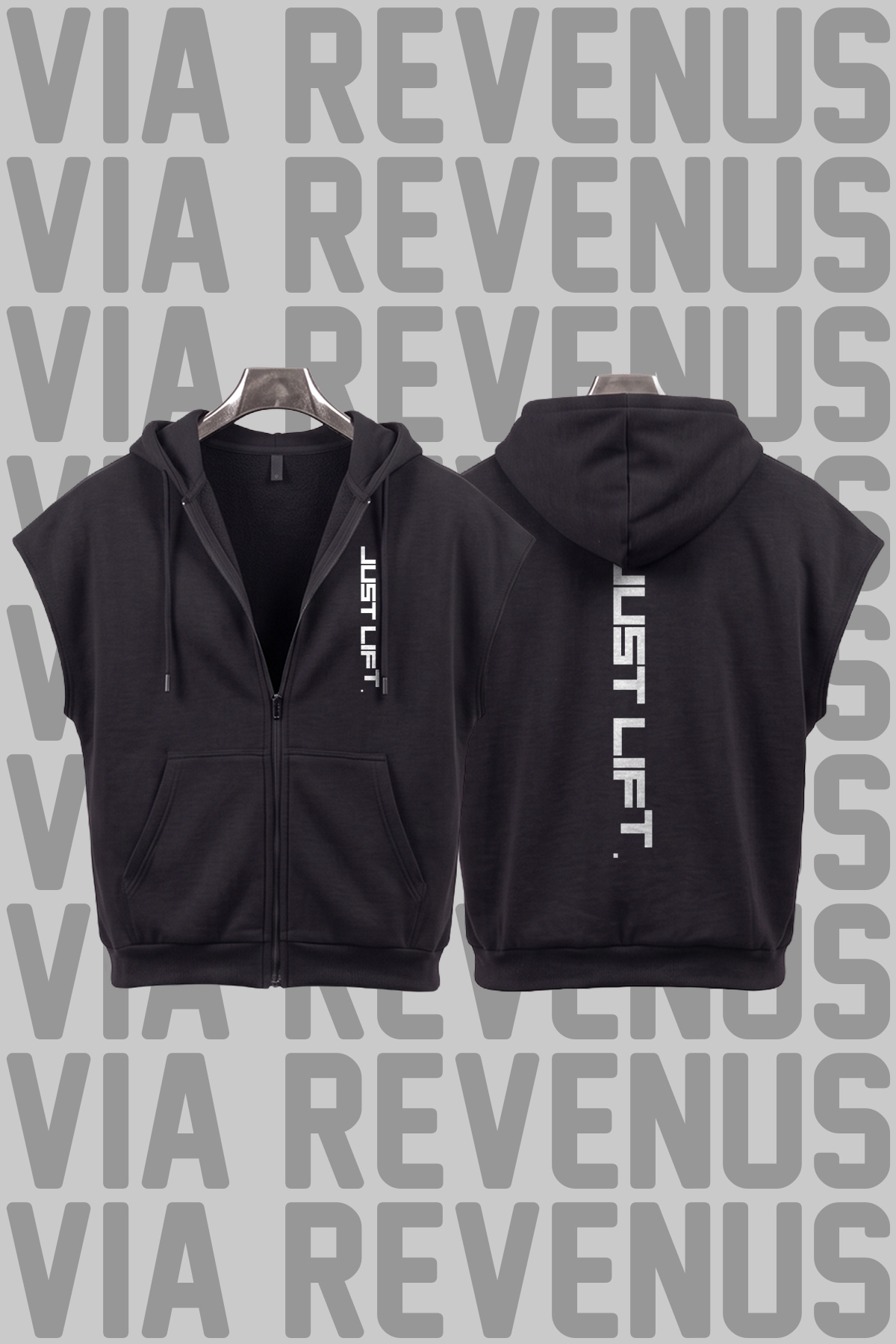 Vordevia Just Lift Baskılı Kolsuz Fermuarlı Kapüşonlu Sweatshirt Geniş Kalıp 3 İplik Şardonlu Spor Yelek