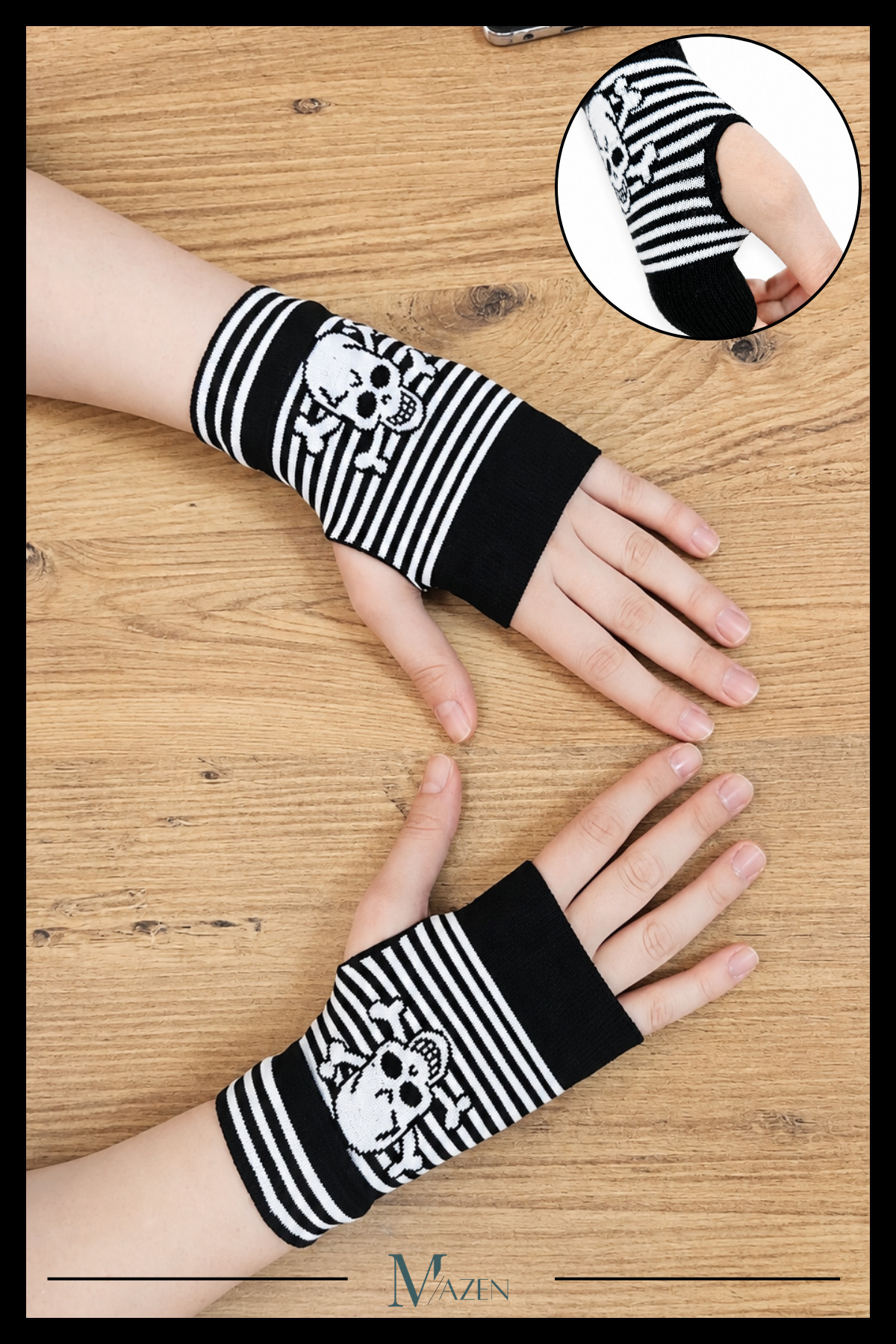 MAZEN Çizgili Kuru Kafa Desenli Parmaksız Eldiven Unisex Triko Punk Rock Korsan Gothic El Isıtıcı